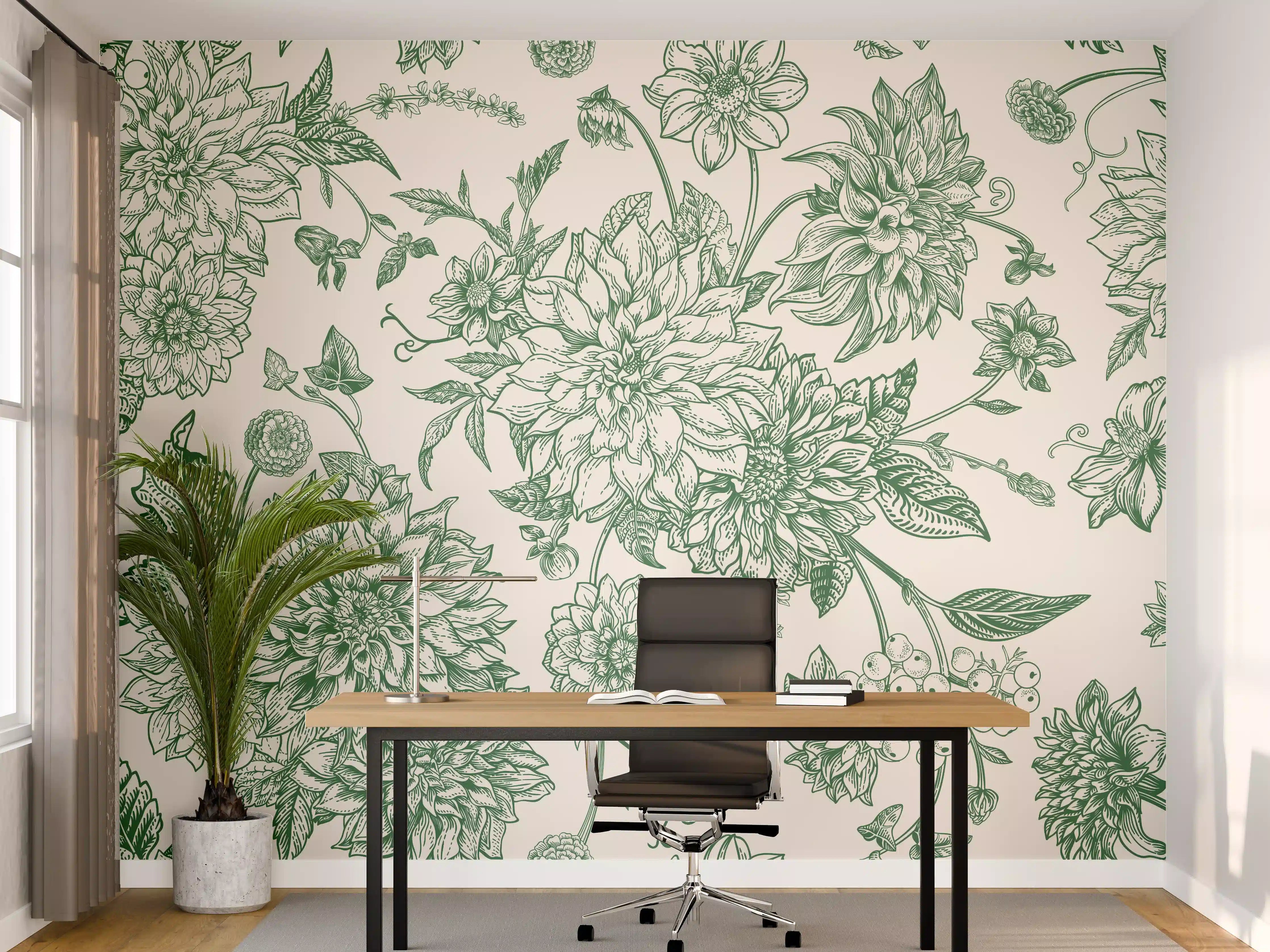Büro Wandgestaltung - Vintage Grün Blumen Lineart