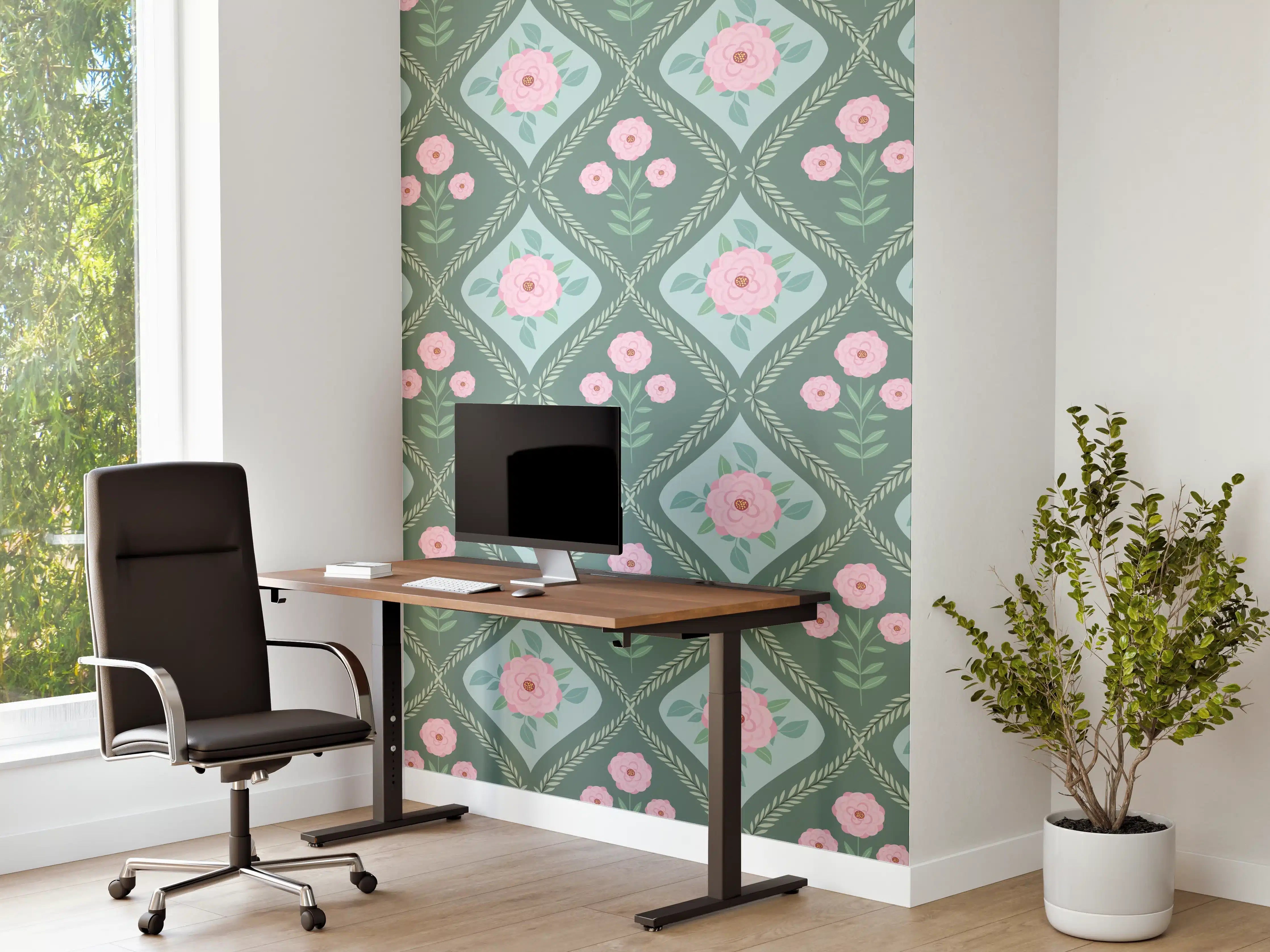 Büro Wandgestaltung - Vintage Rosen Tapete Grün-Rosa