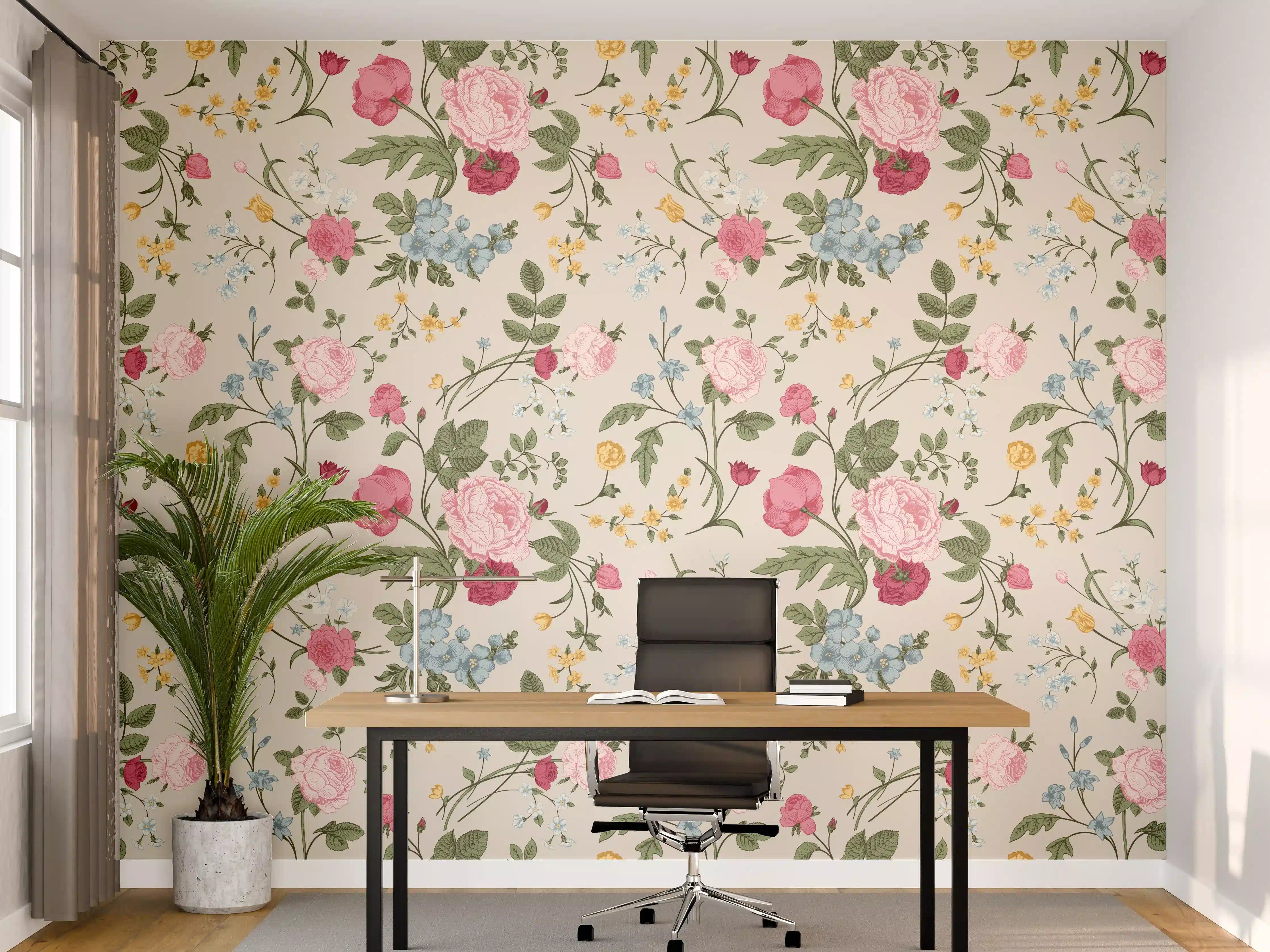 Büro Wandgestaltung - Vintage Rosenmuster Rosa-Beige