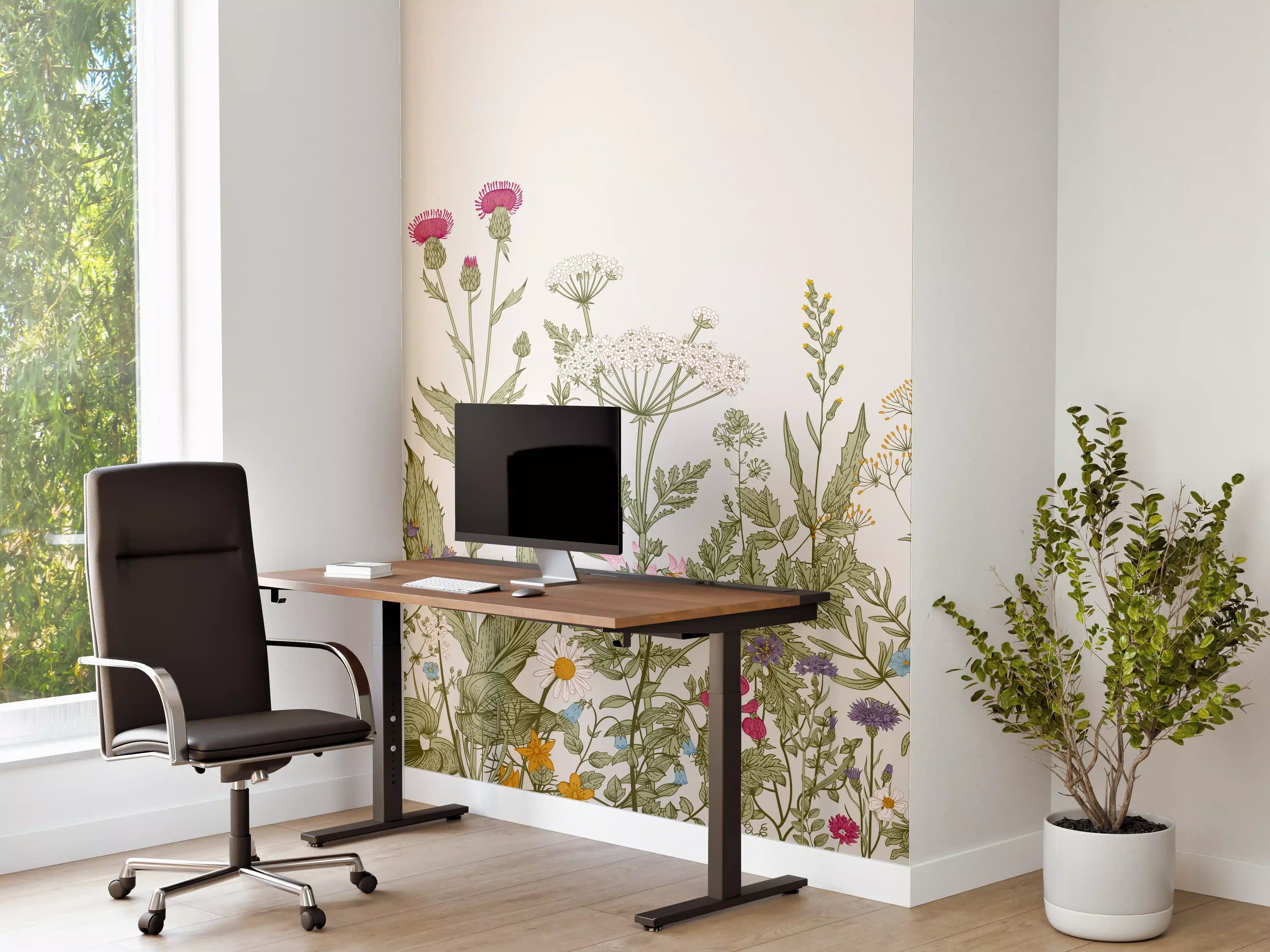 Büro Wandgestaltung - Vintage Wiesenblumen Bordüre Beige-Grün