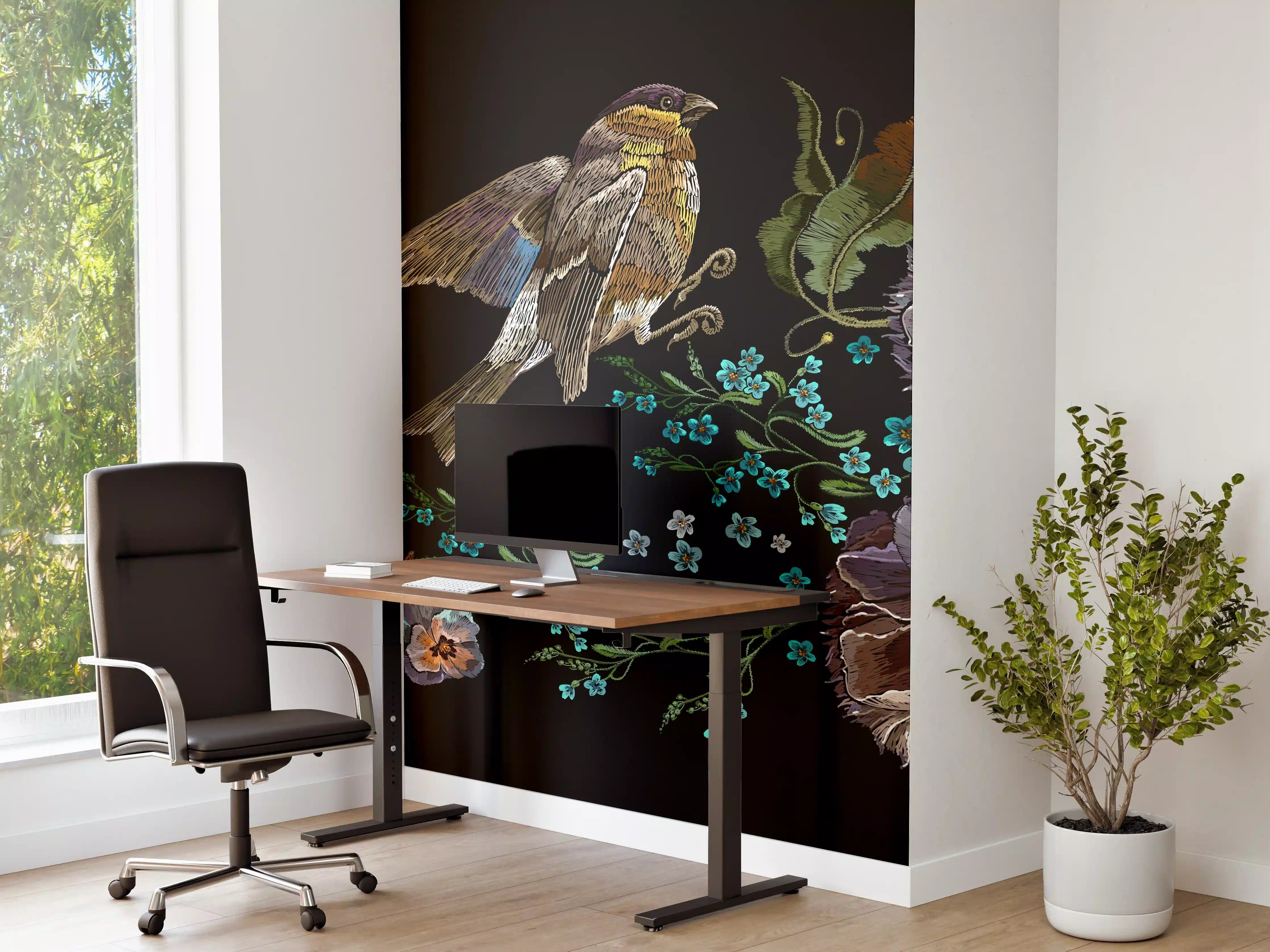 Büro Wandgestaltung - Violette Blumen Vogelmuster Stickerei