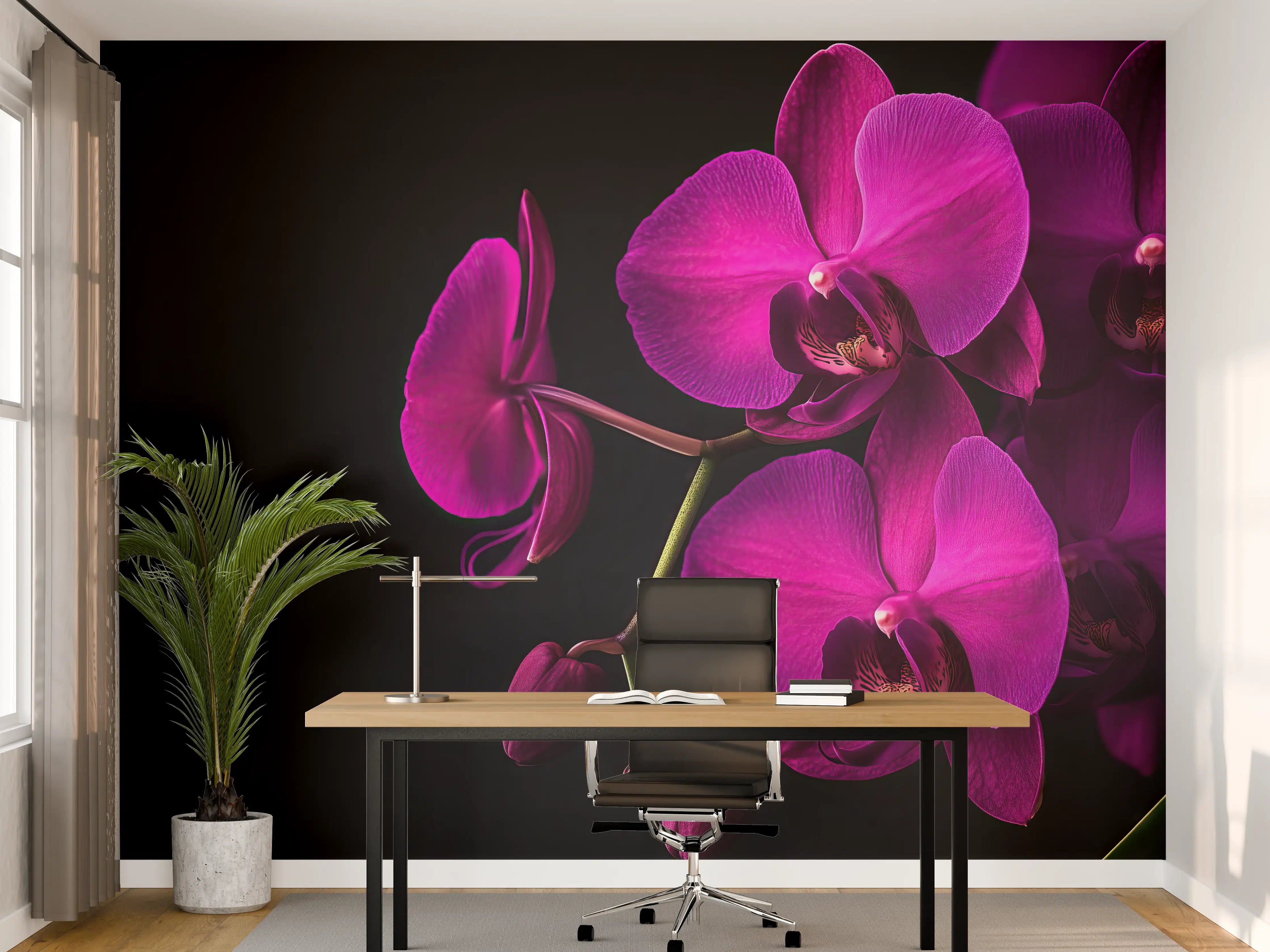 Büro Wandgestaltung - Violette Orchideen auf Schwarz