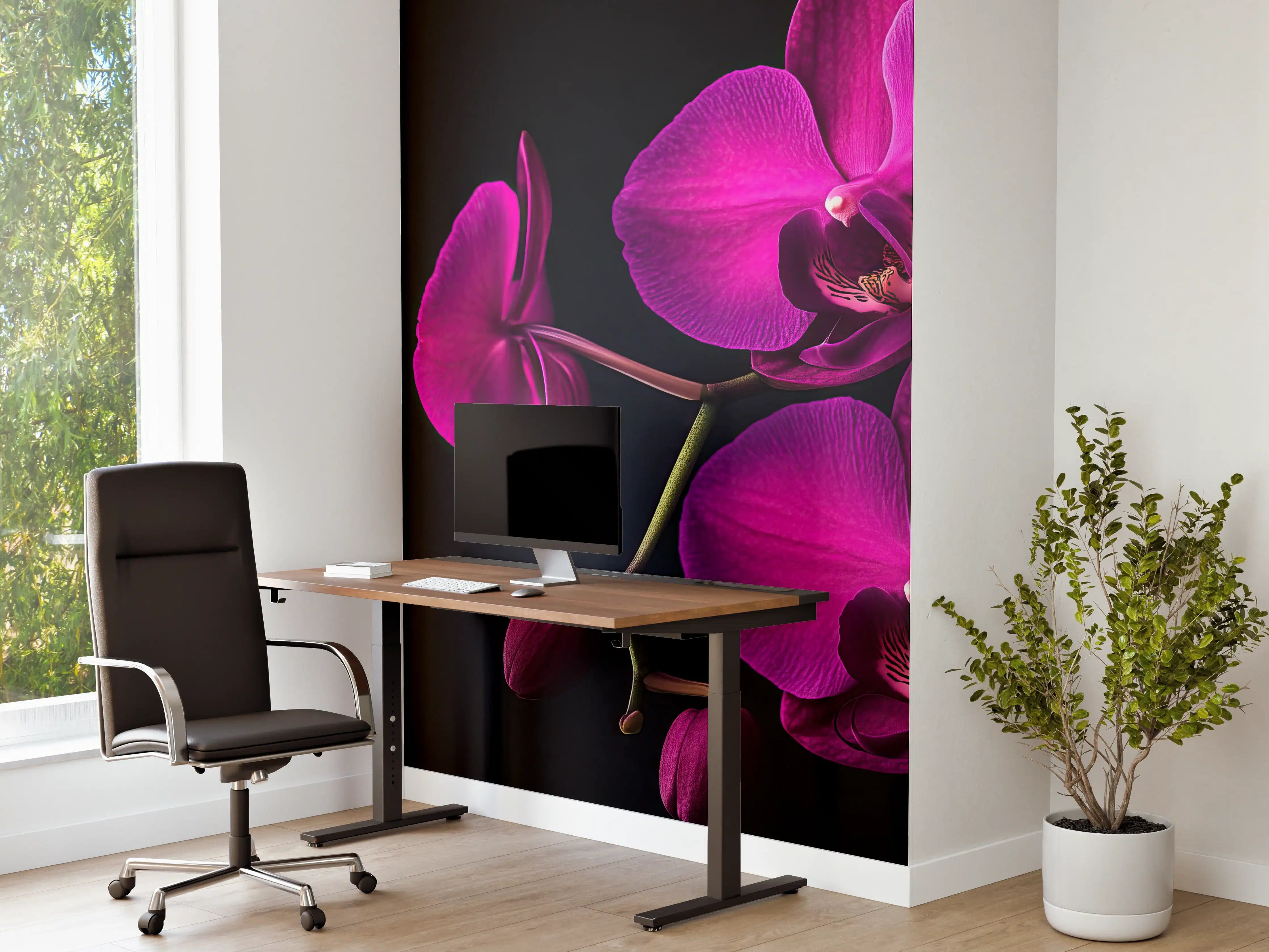 Büro Wandgestaltung - Violette Orchideen auf Schwarz