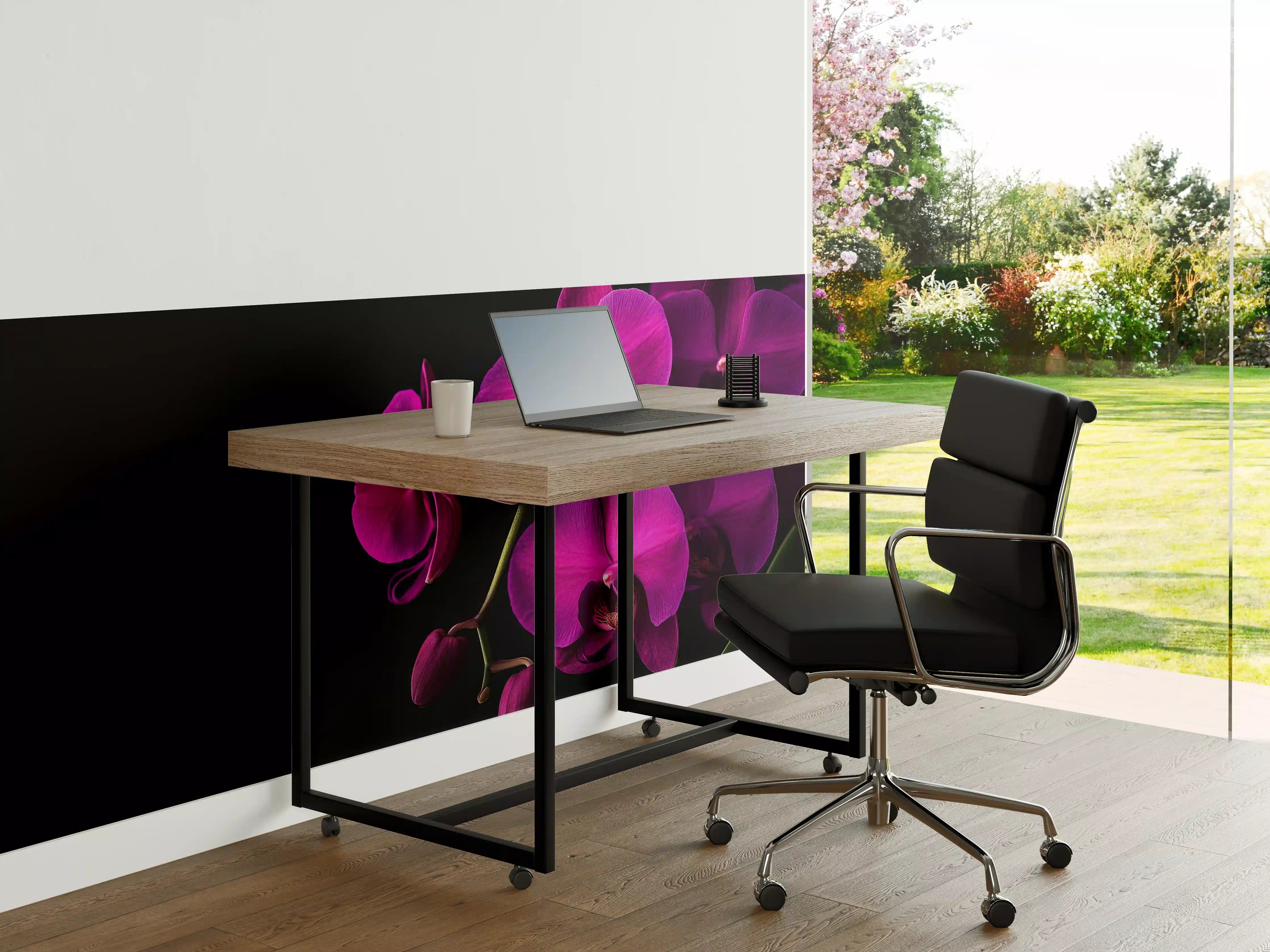 Büro Wandgestaltung - Violette Orchideen auf Schwarz