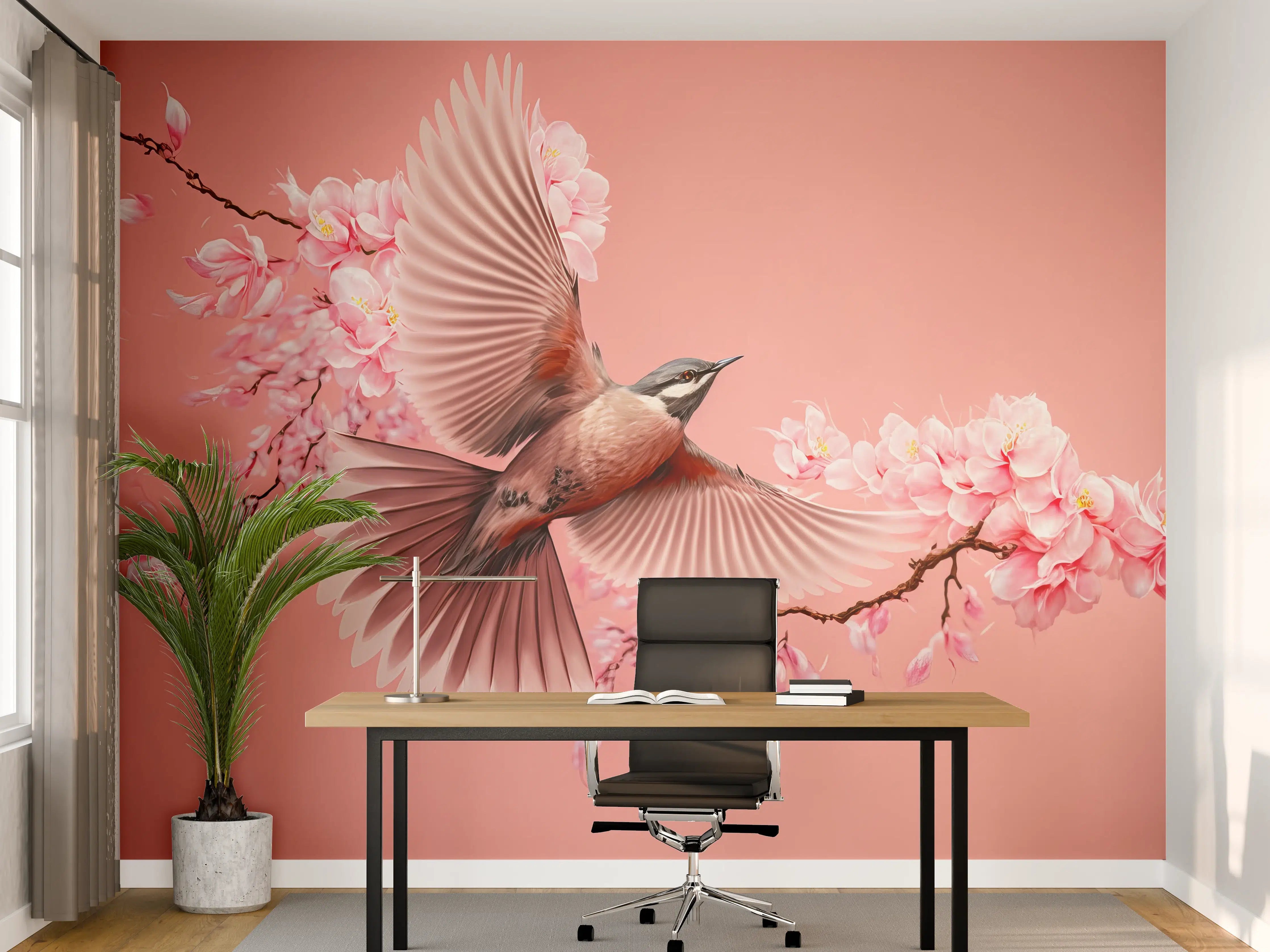 Büro Wandgestaltung - Vogel und Kirschblüten Pink