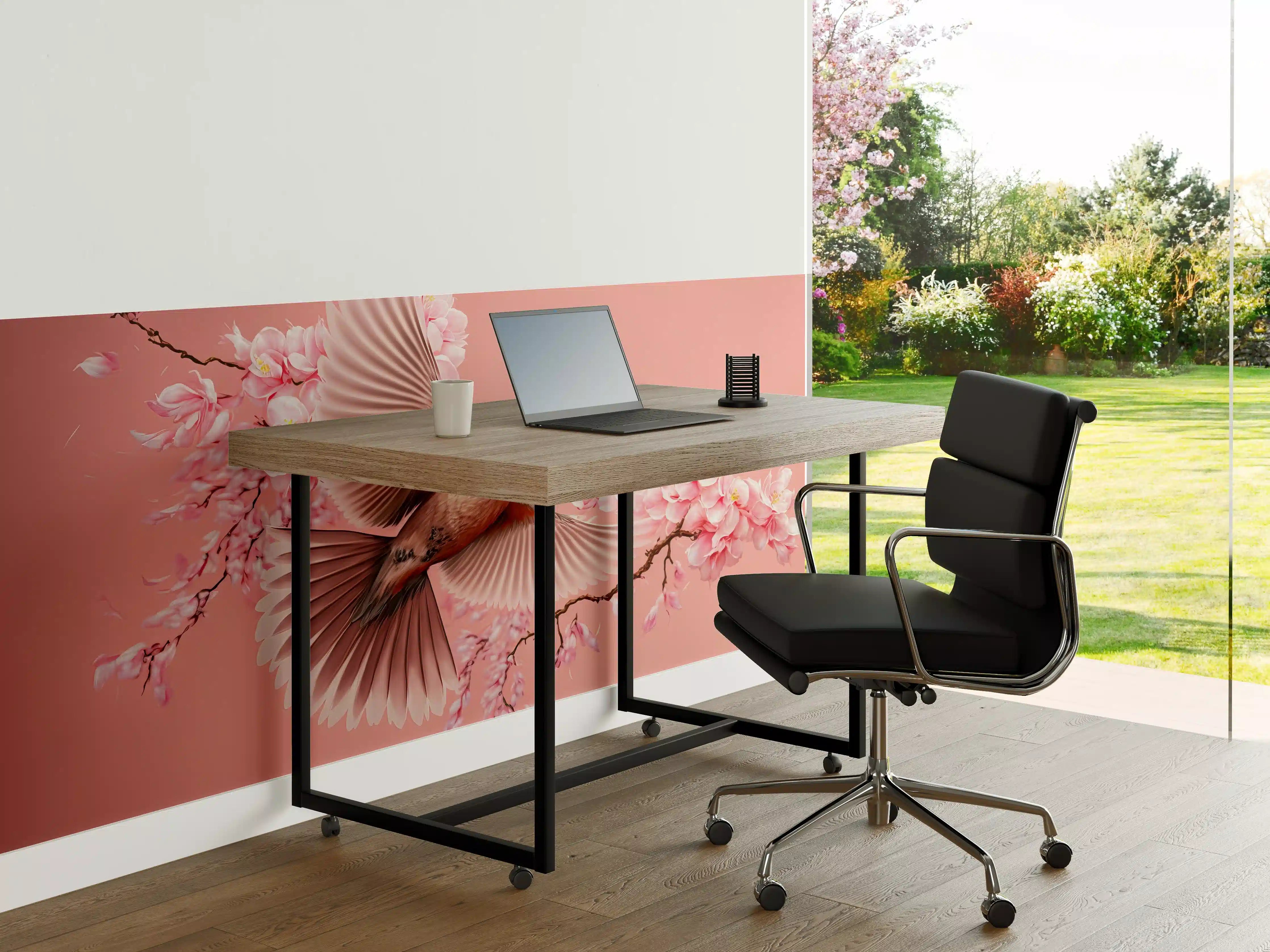 Büro Wandgestaltung - Vogel und Kirschblüten Pink