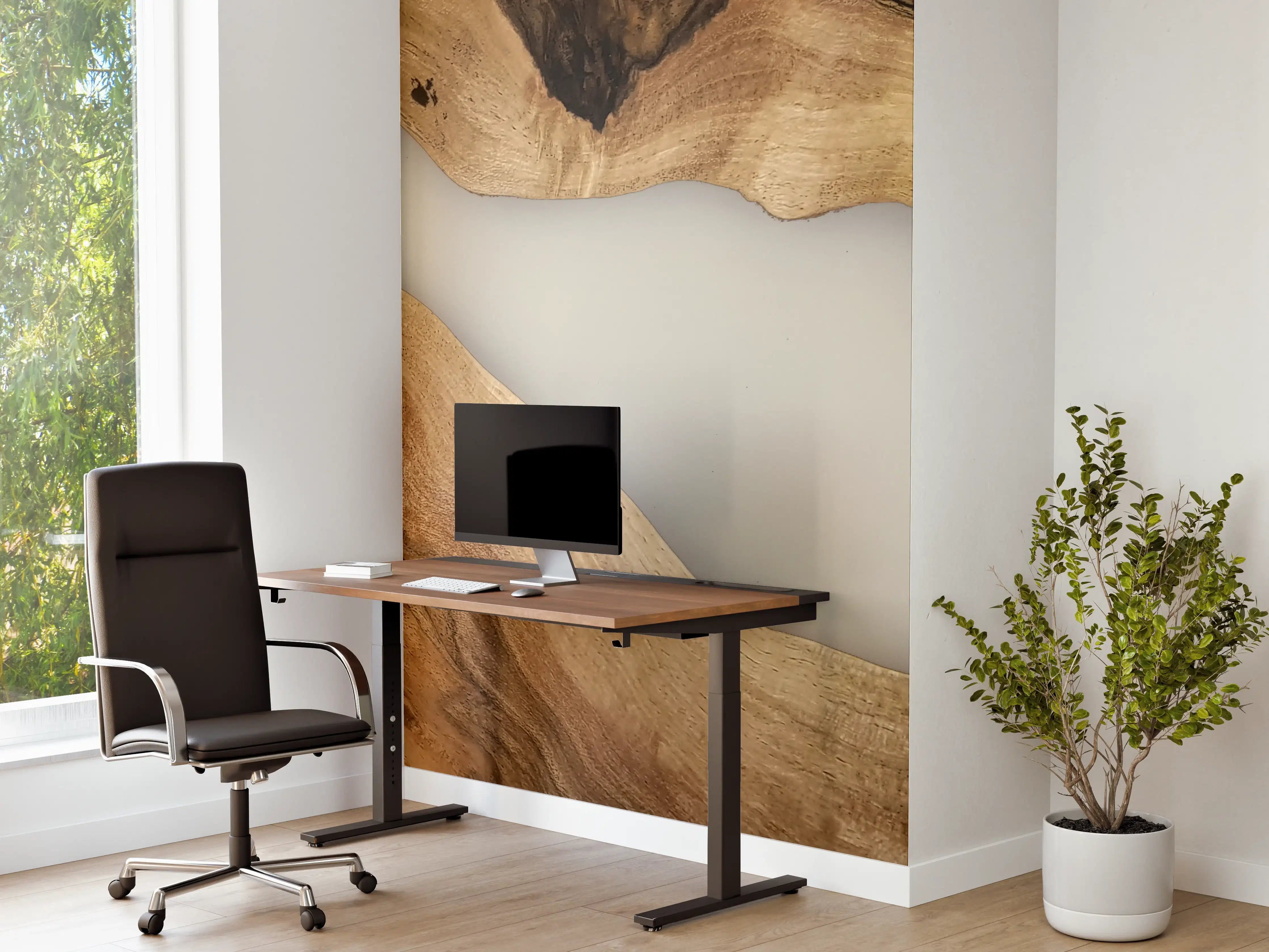 Büro Wandgestaltung - Warme Holzstruktur mit Grautönen