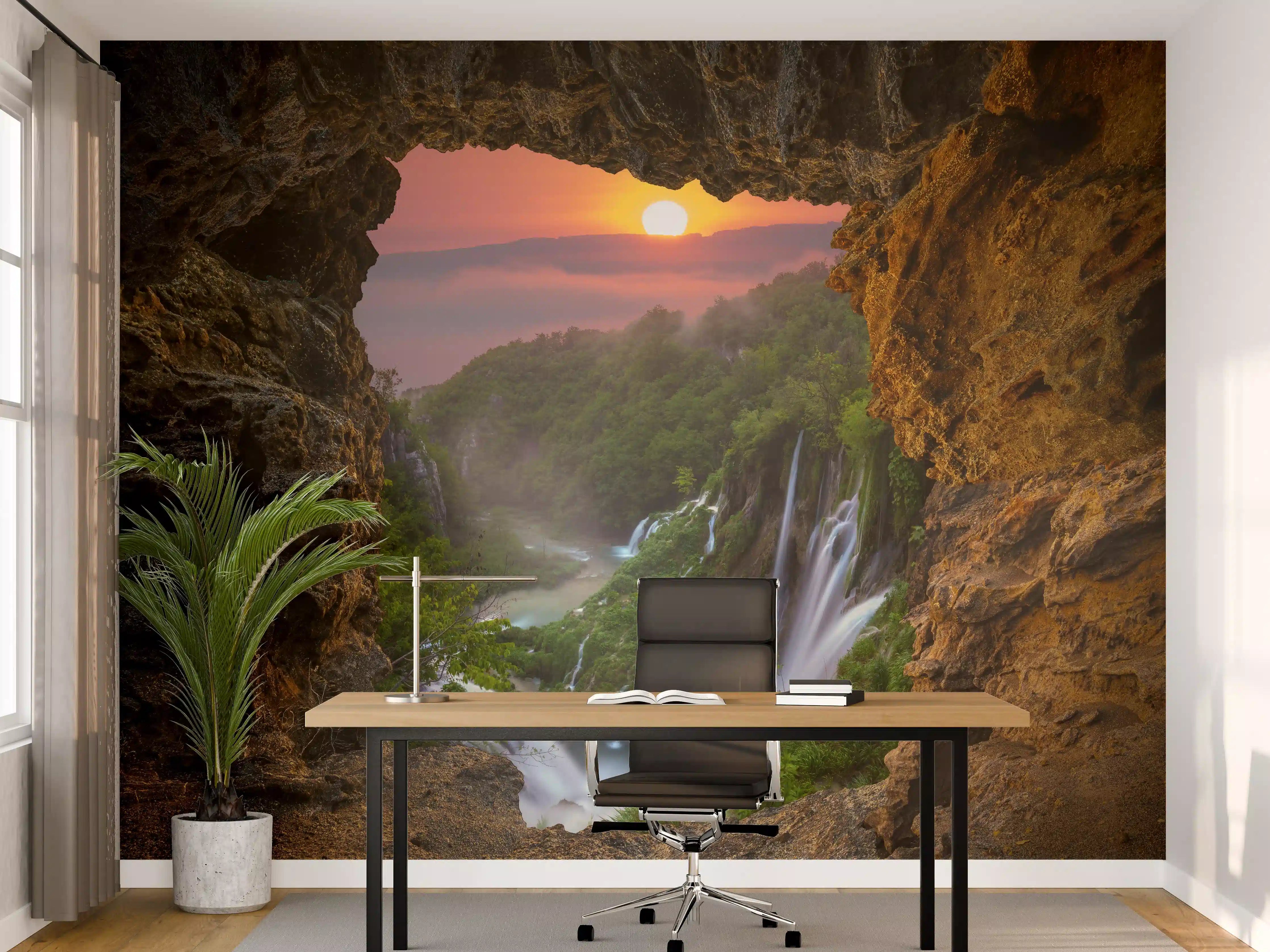 Büro Wandgestaltung - Wasserfall im Nationalpark Plitvicer Seen bei Sonnenuntergang