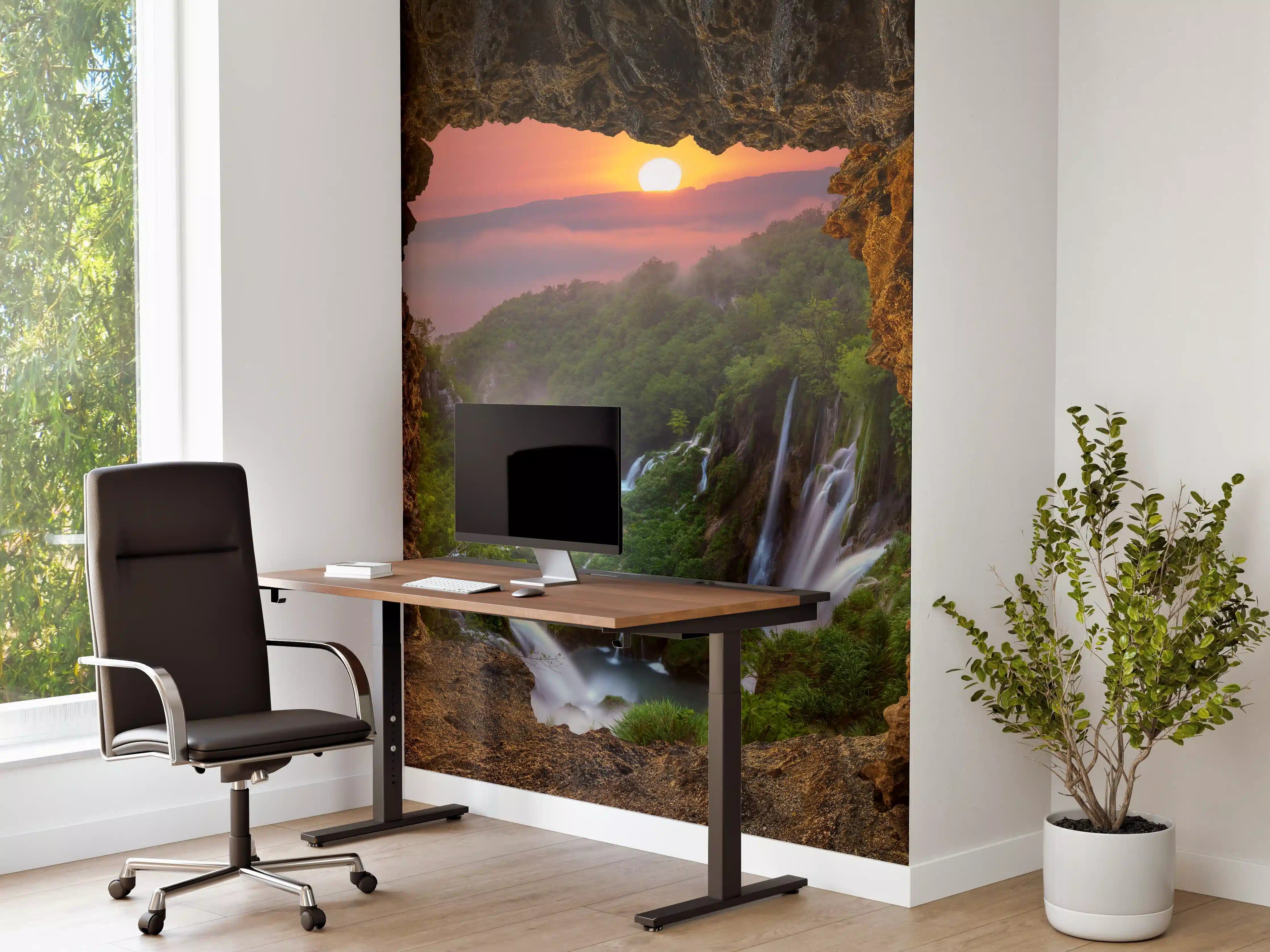 Büro Wandgestaltung - Wasserfall im Nationalpark Plitvicer Seen bei Sonnenuntergang