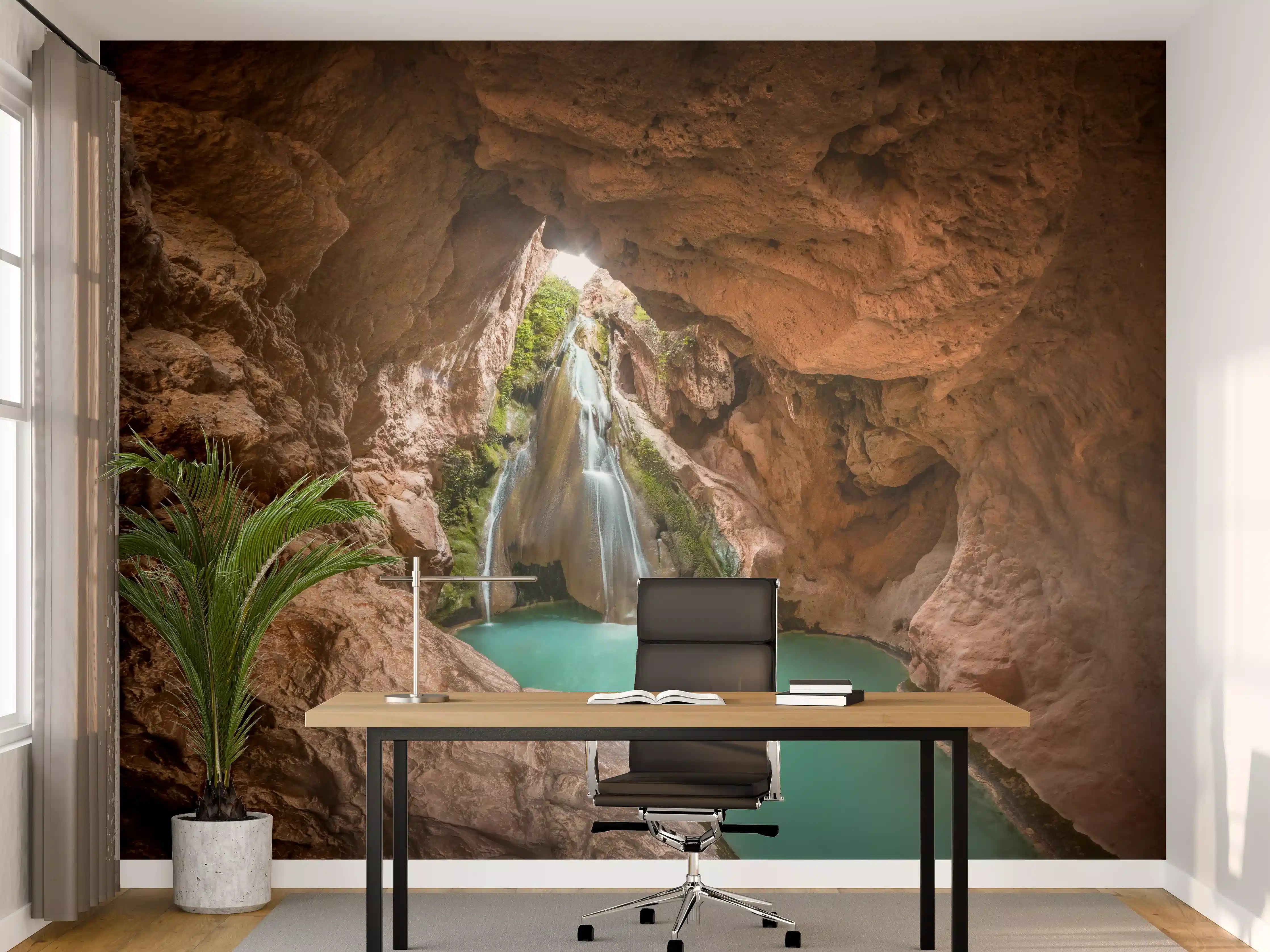 Büro Wandgestaltung - Wasserfall in Höhle mit See in Valencia
