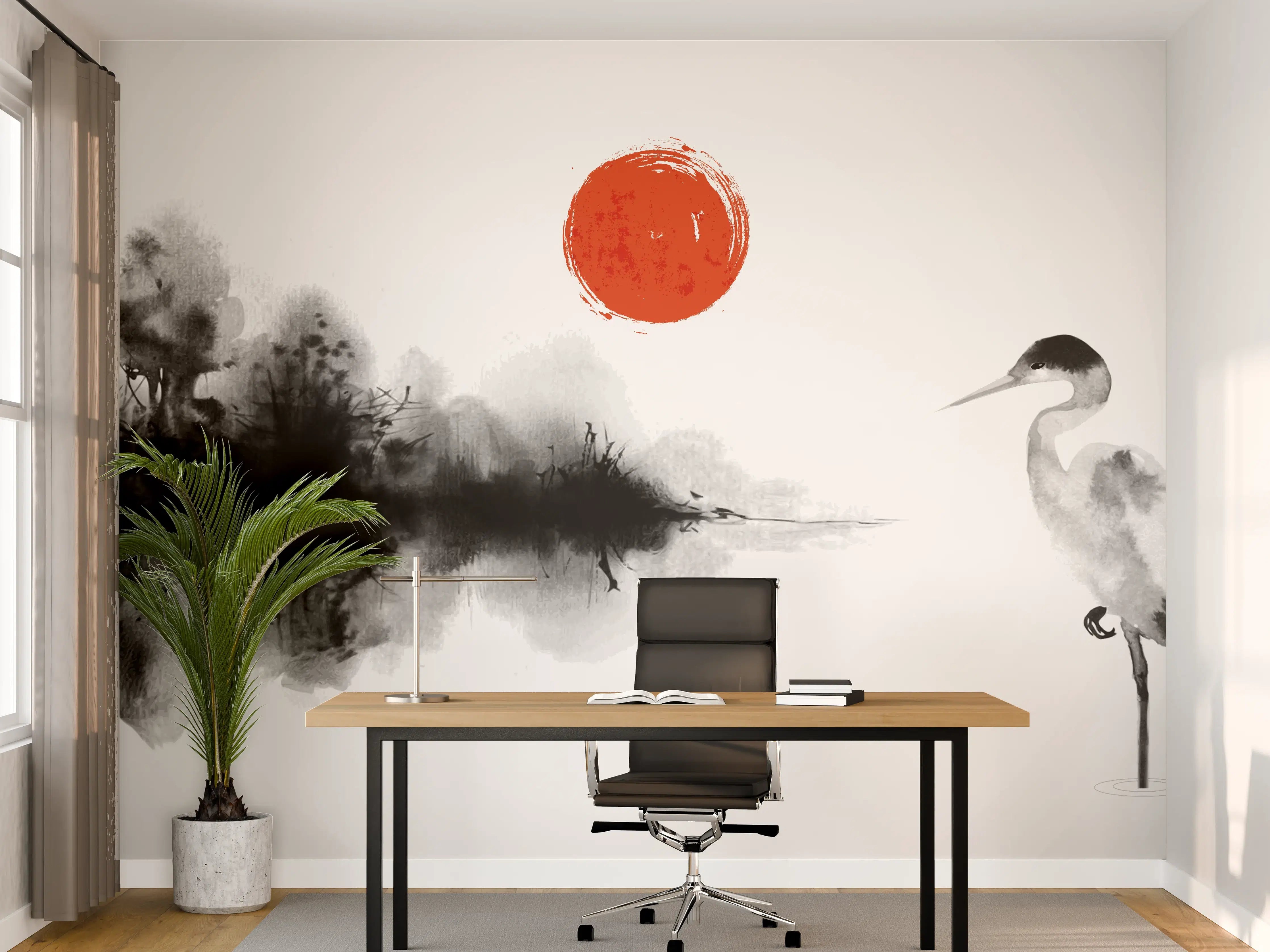 Büro Wandgestaltung - Weiß-Schwarze Kranich Malerei