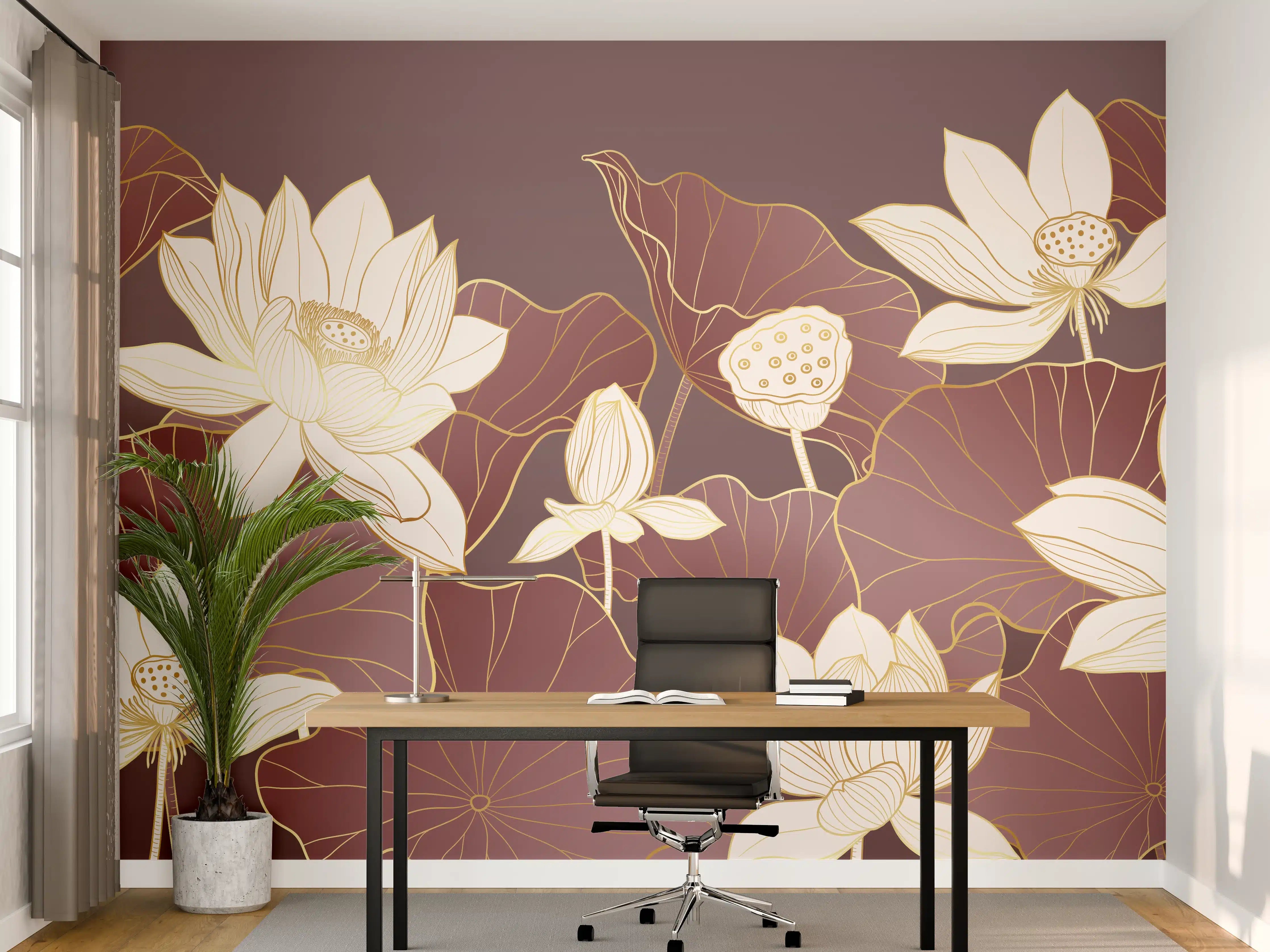 Büro Wandgestaltung - Weiße Lotusblumen auf dunkelbraunem Hintergrund