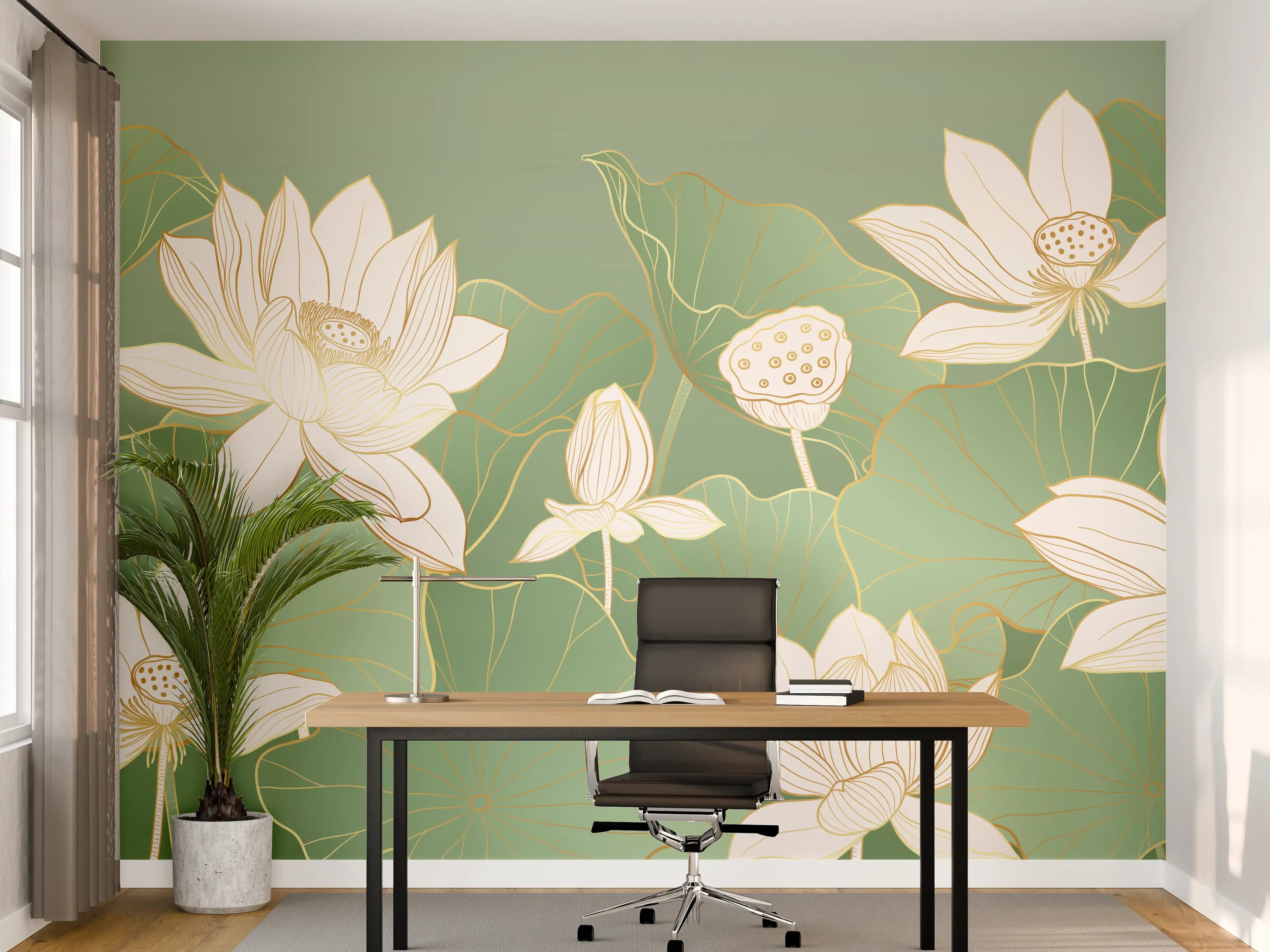 Büro Wandgestaltung - Weiße Lotusblumen auf grünem Wasser mit Goldakzenten