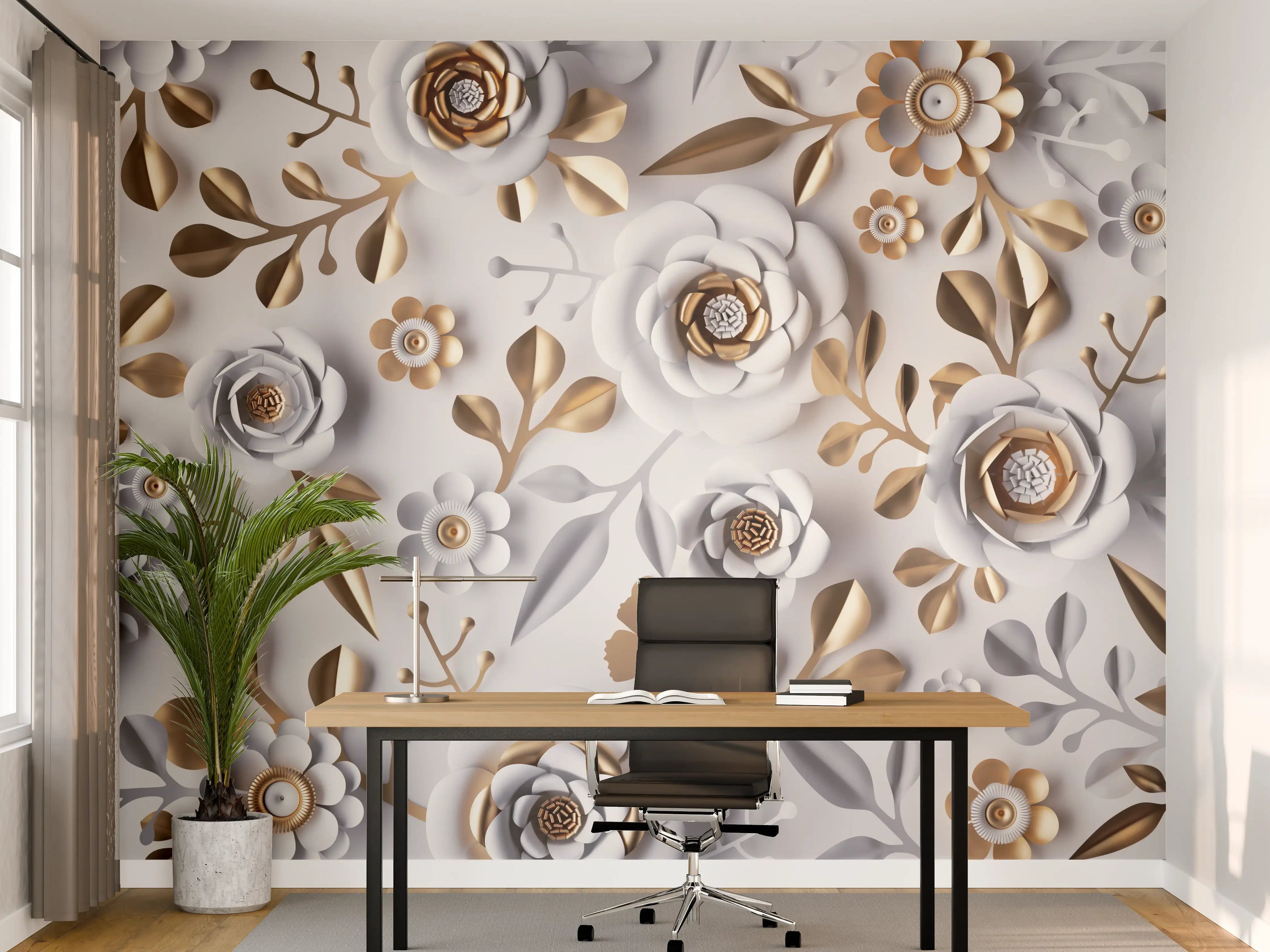 Büro Wandgestaltung - Weiße Papierblumen Goldakzente