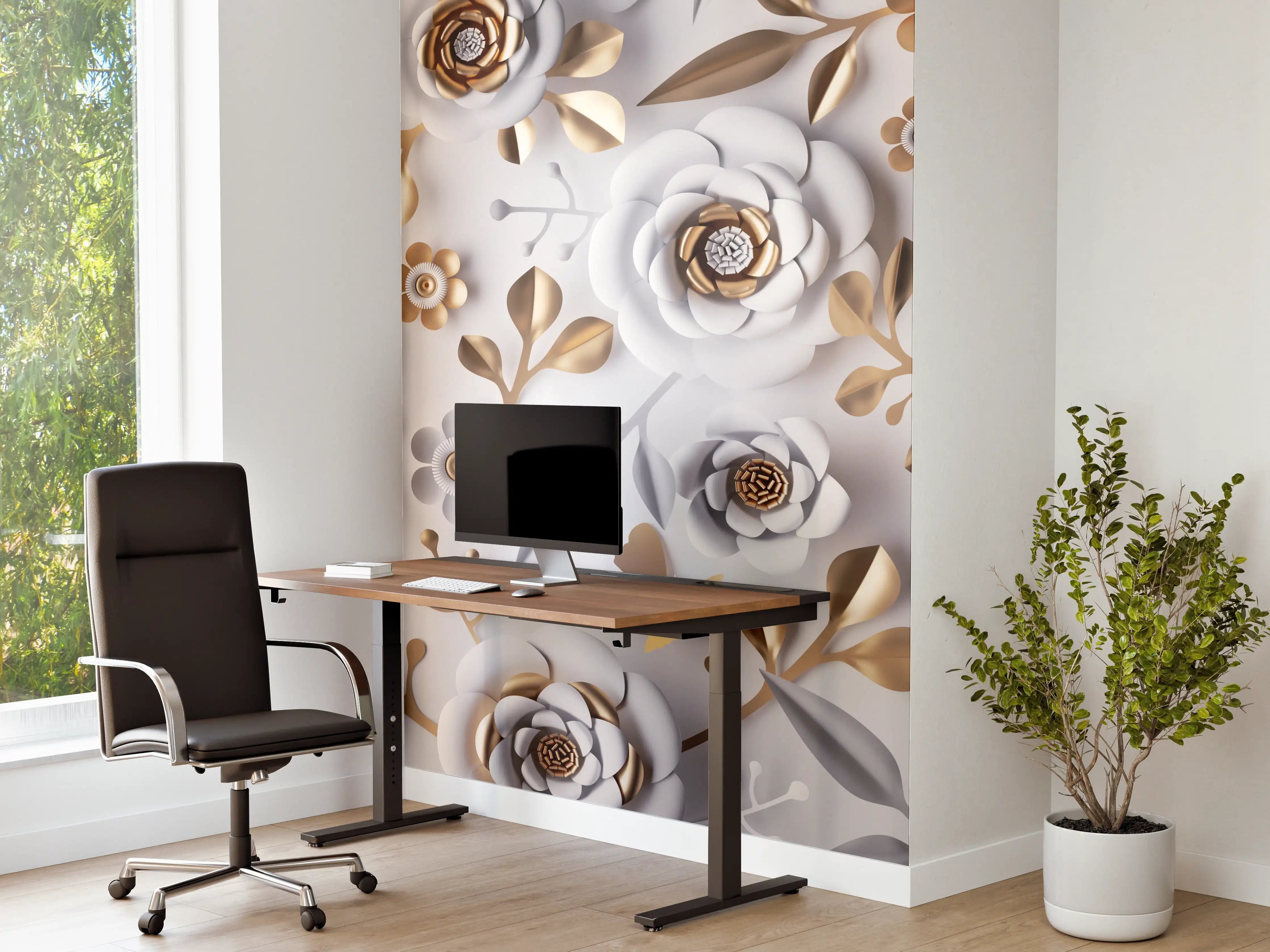 Büro Wandgestaltung - Weiße Papierblumen Goldakzente