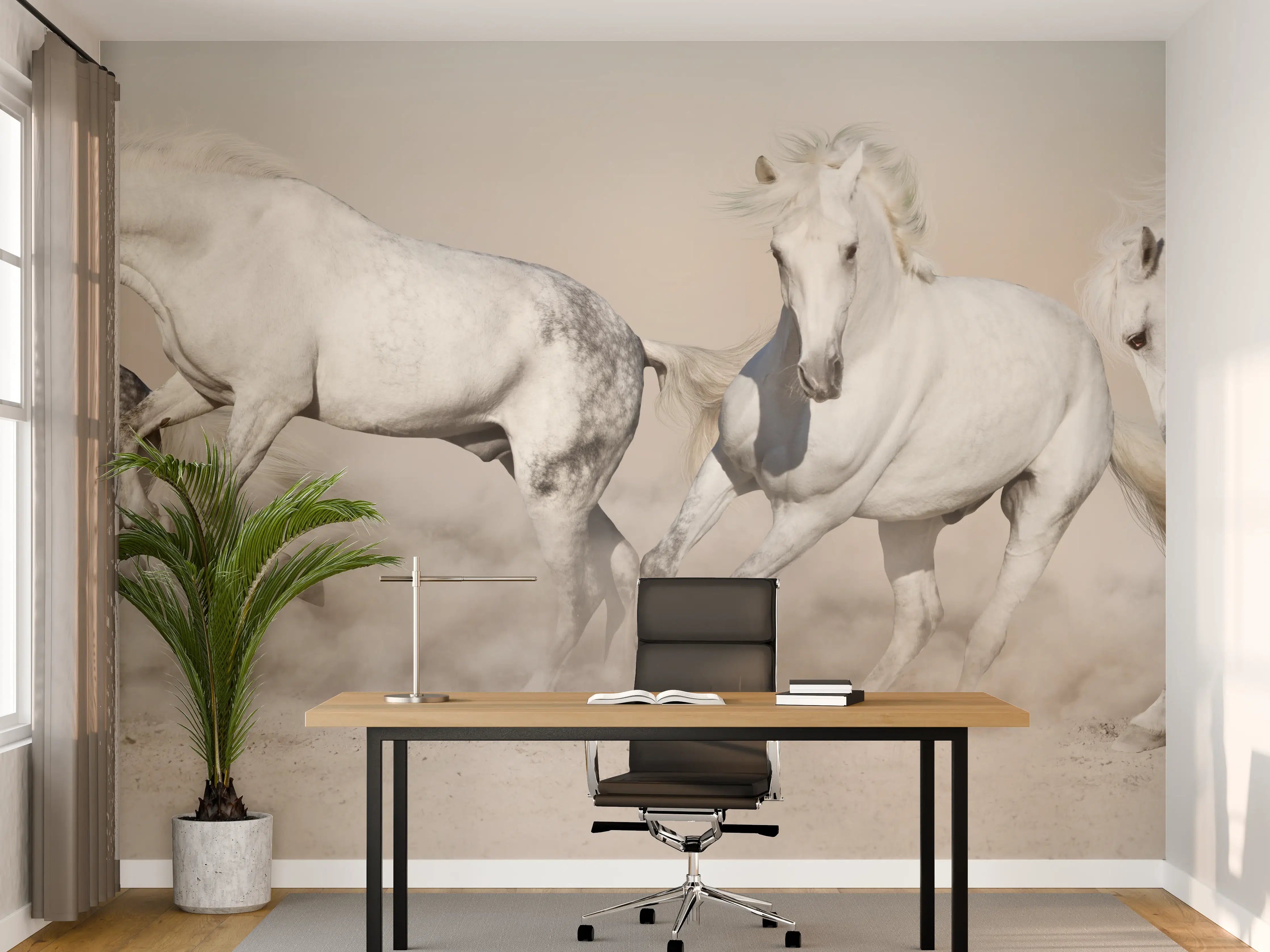 Büro Wandgestaltung - Weiße Pferdeherde Wüstenstaub