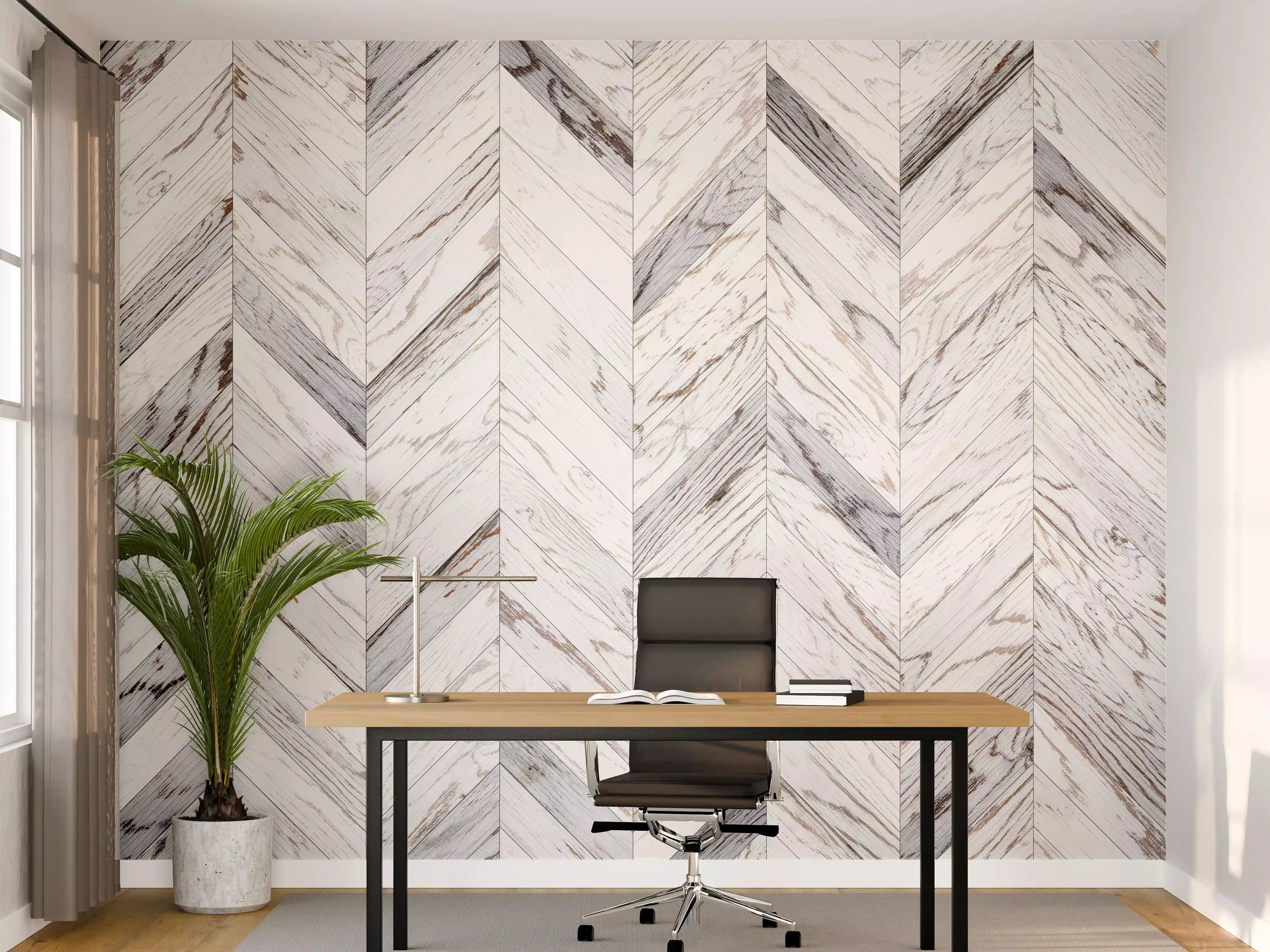 Büro Wandgestaltung - Weißer Chevron - Holzoptik