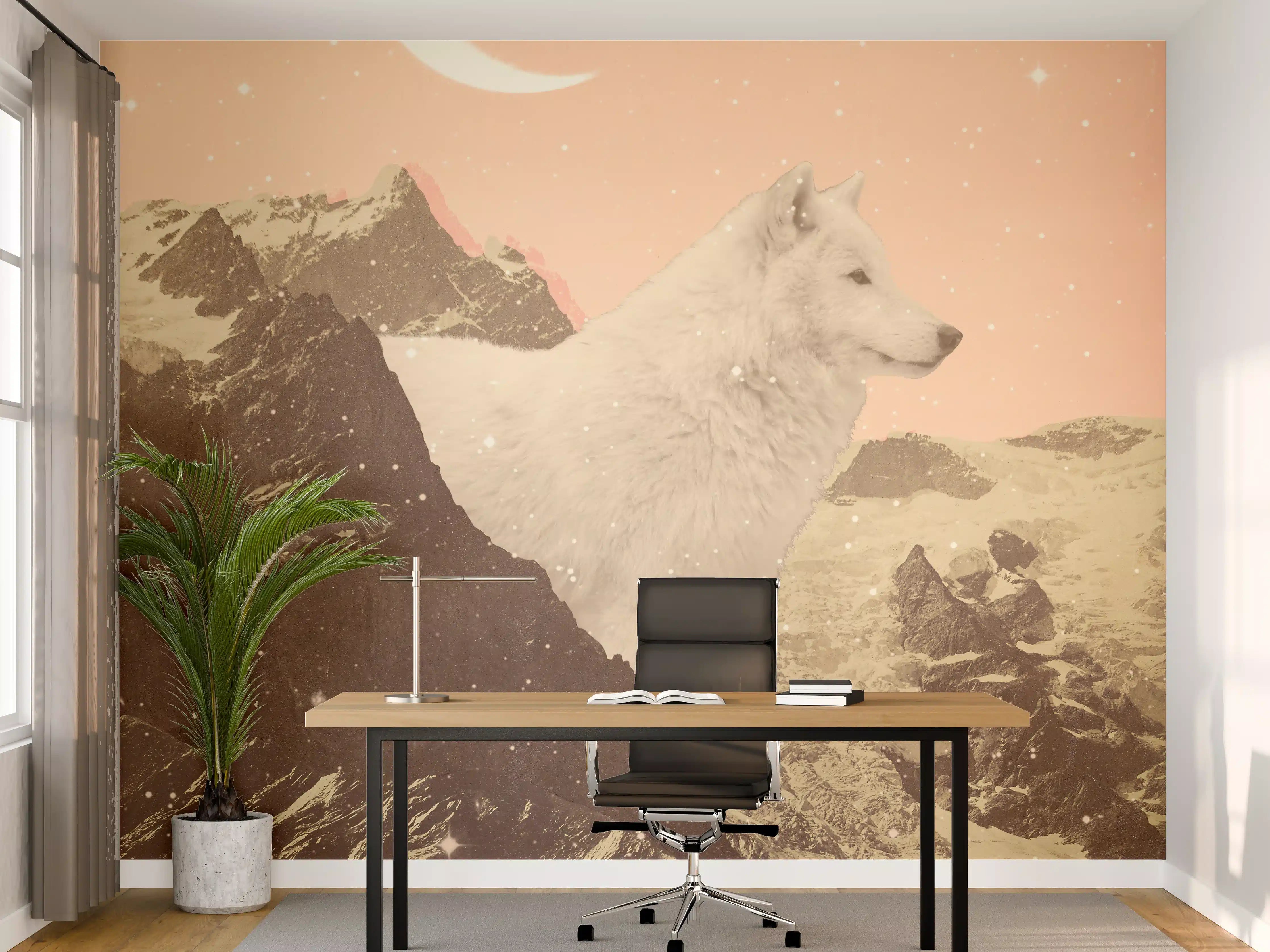 Büro Wandgestaltung - Weißer Wolf Berglandschaft Nacht