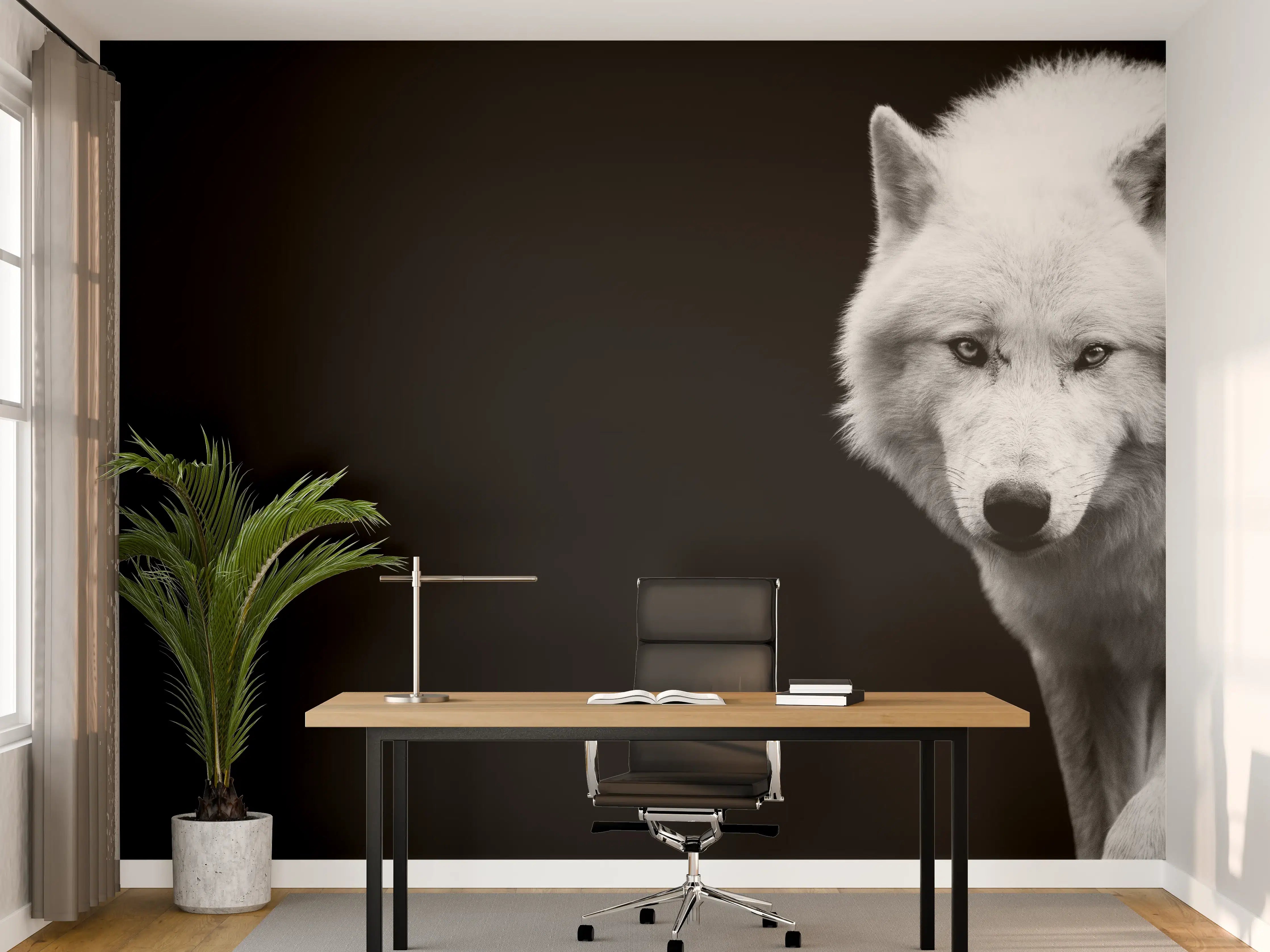 Büro Wandgestaltung - Weißer Wolf mit schwarzem Hintergrund