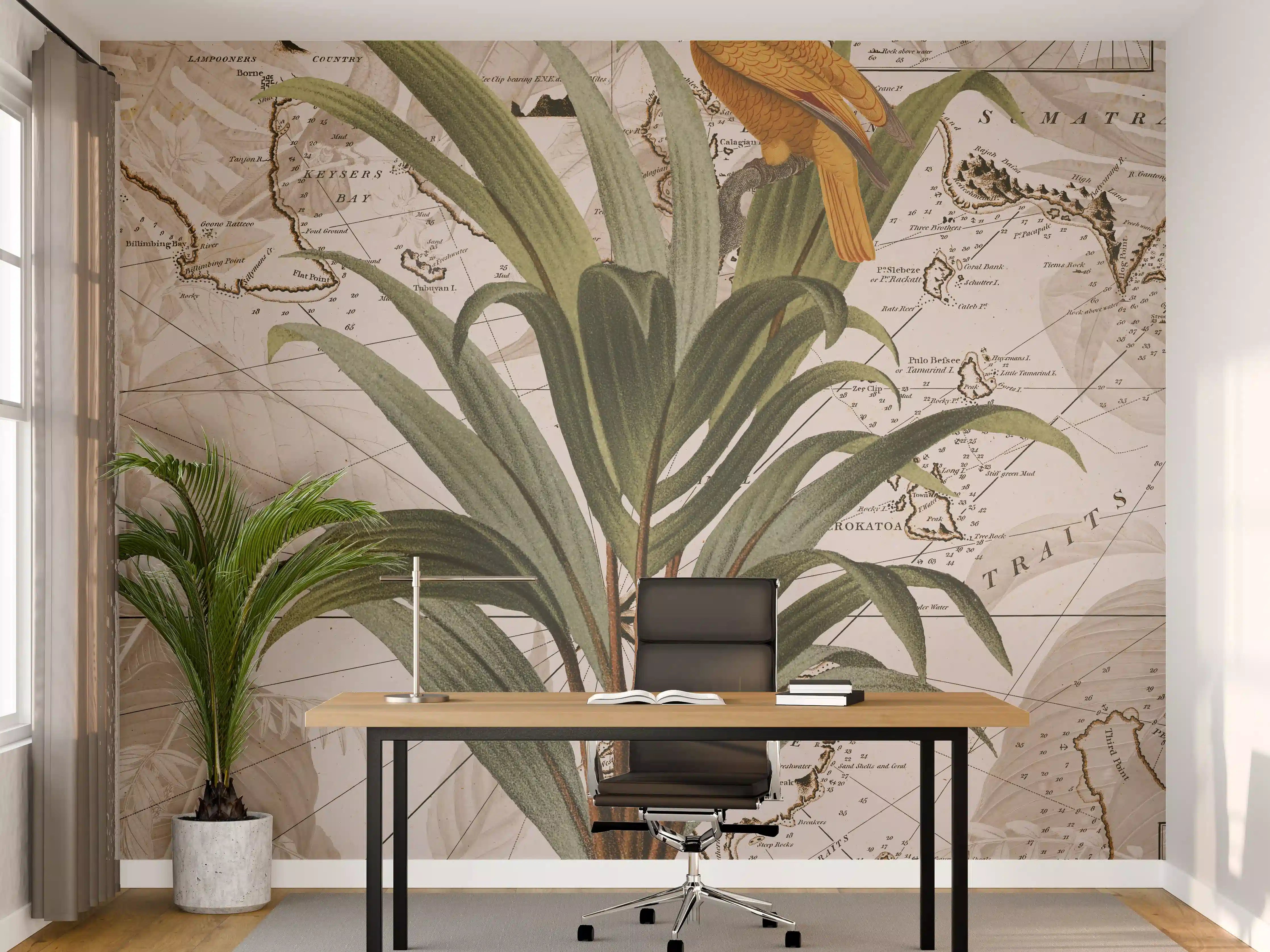 Büro Wandgestaltung - Weltkarte - tropische Pflanze