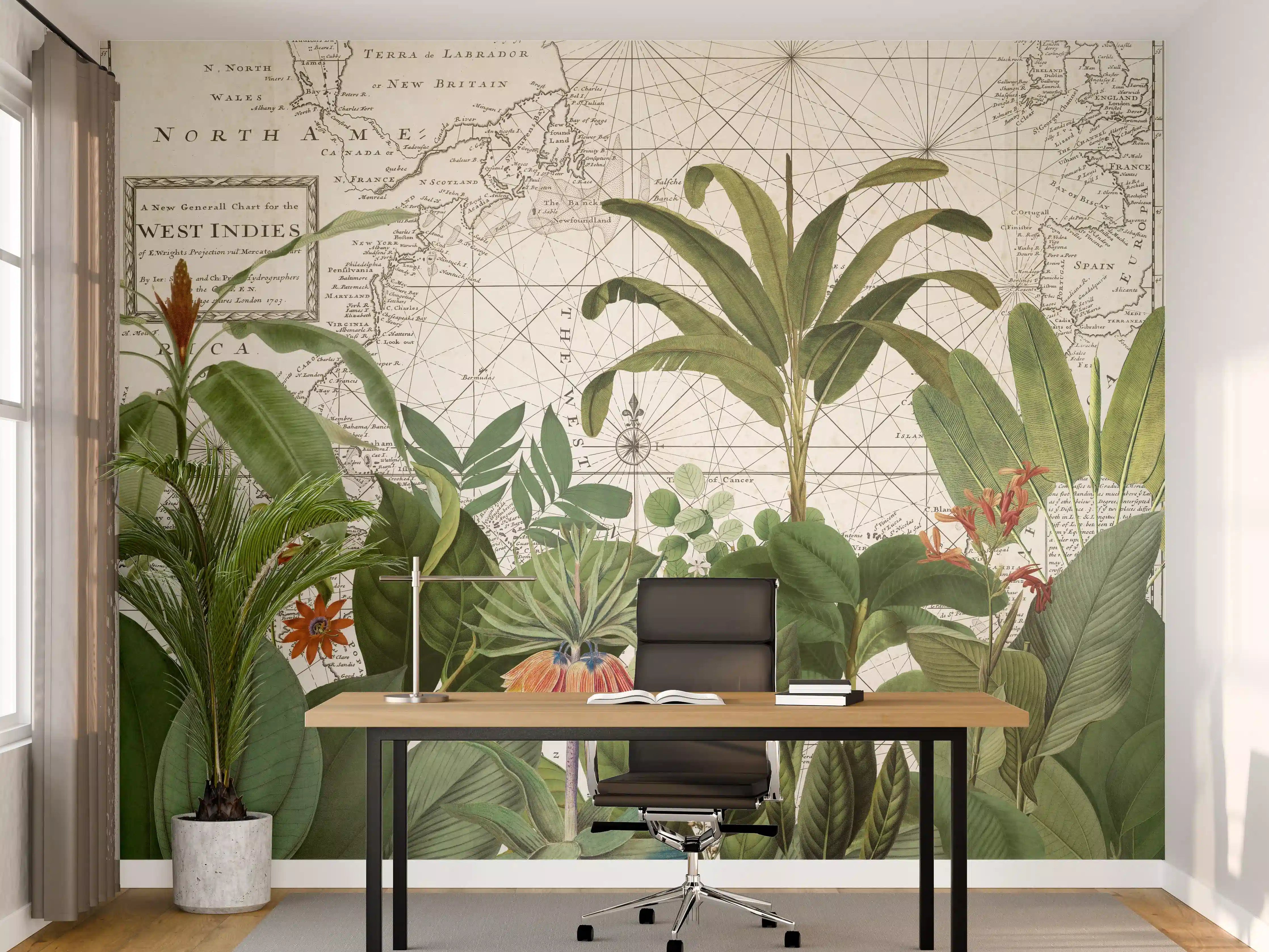 Büro Wandgestaltung - Weltkarte mit exotischen Pflanzen
