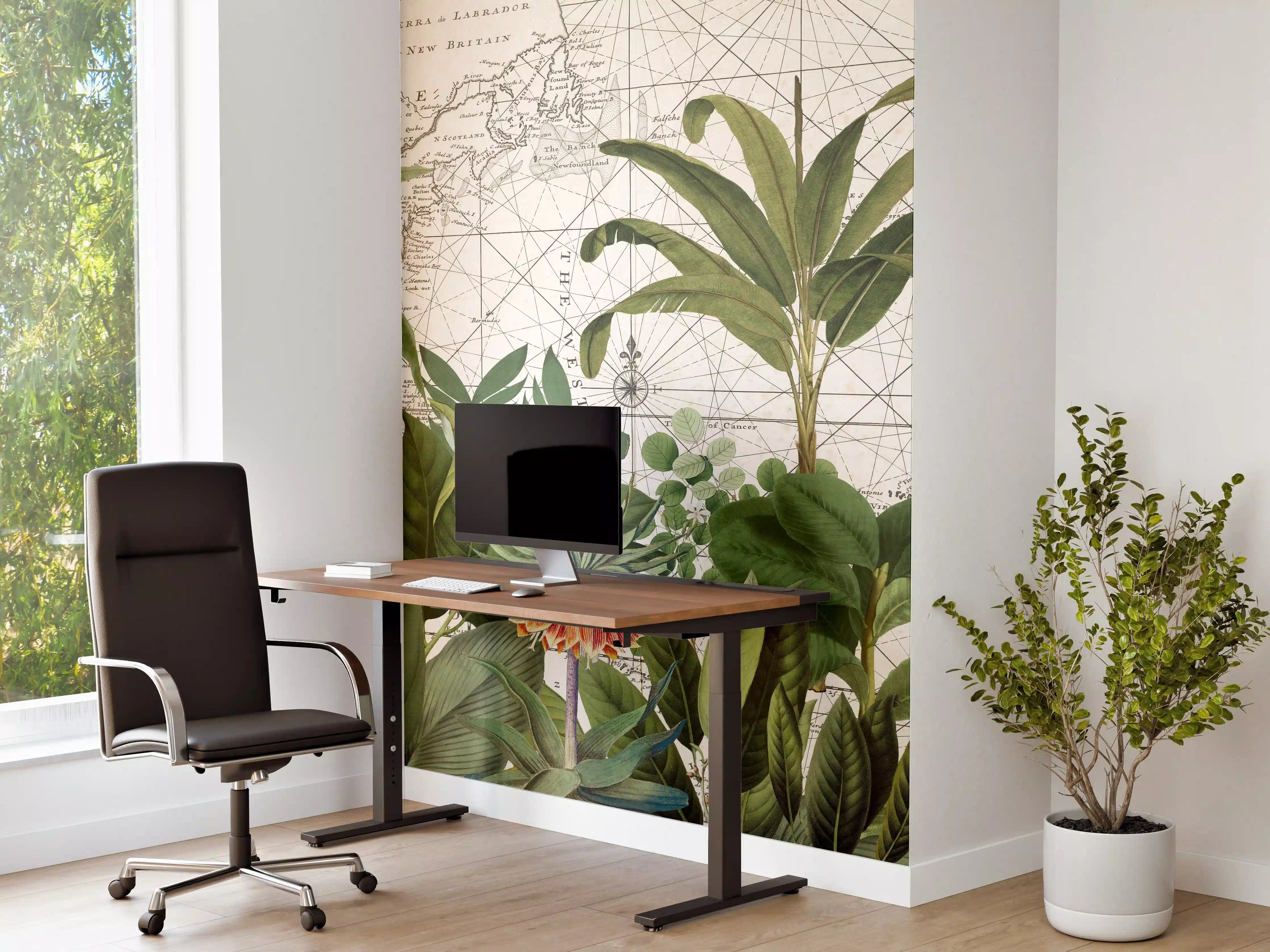 Büro Wandgestaltung - Weltkarte mit exotischen Pflanzen