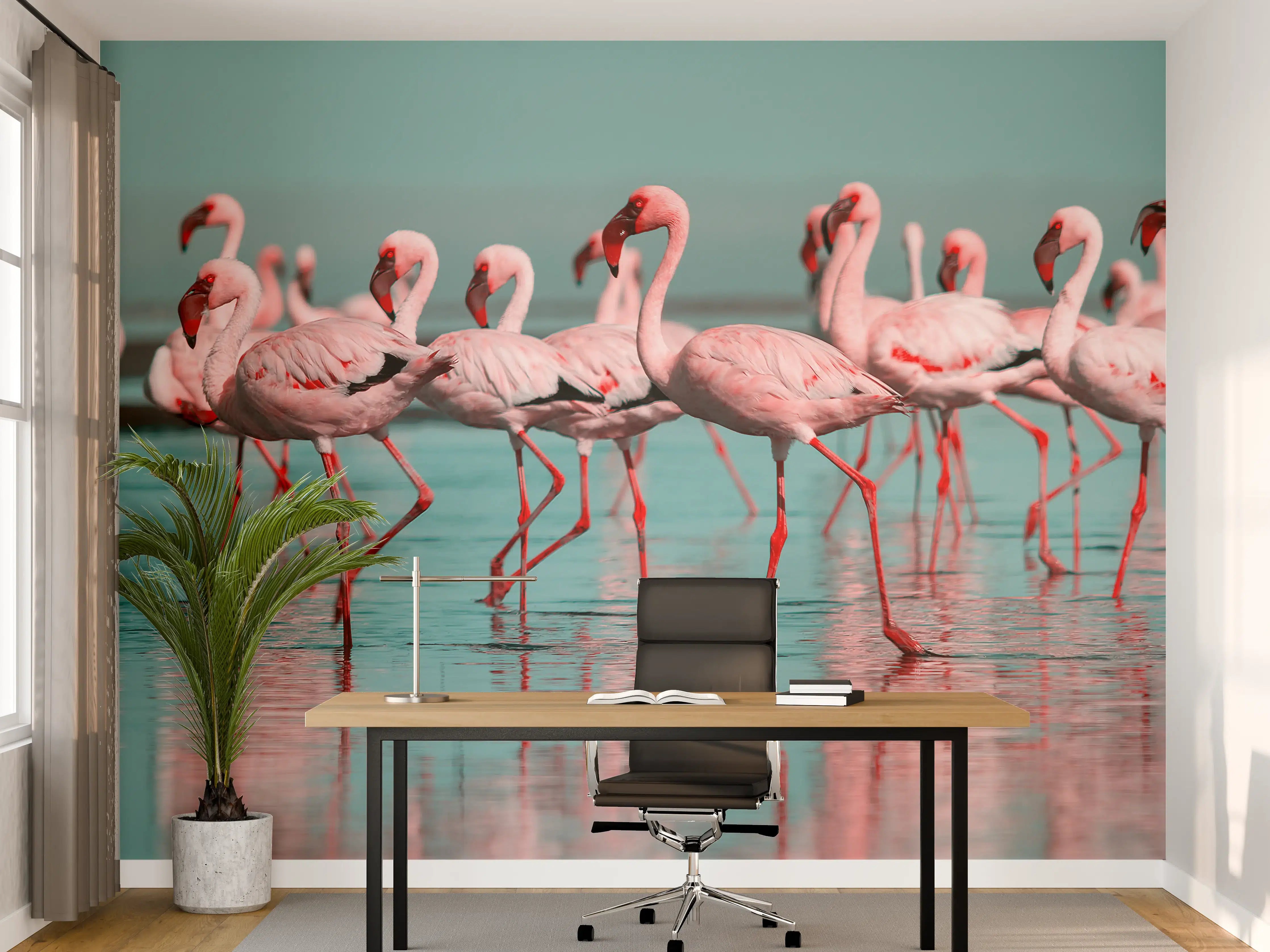 Büro Wandgestaltung - Wilde Flamingo auf dem Wasser