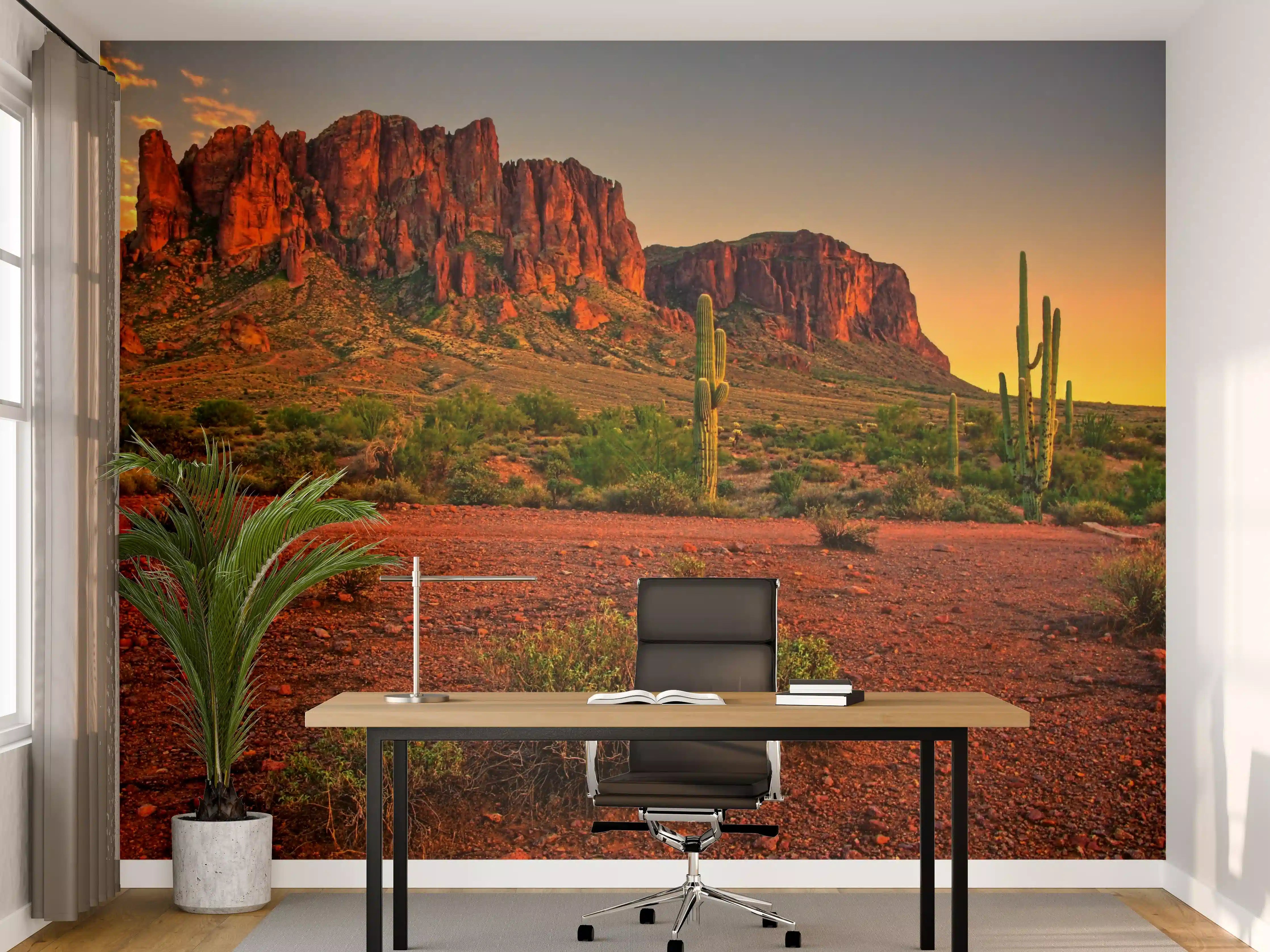 Büro Wandgestaltung - Wüstenlandschaft bei Sonnenuntergang mit Kakteen