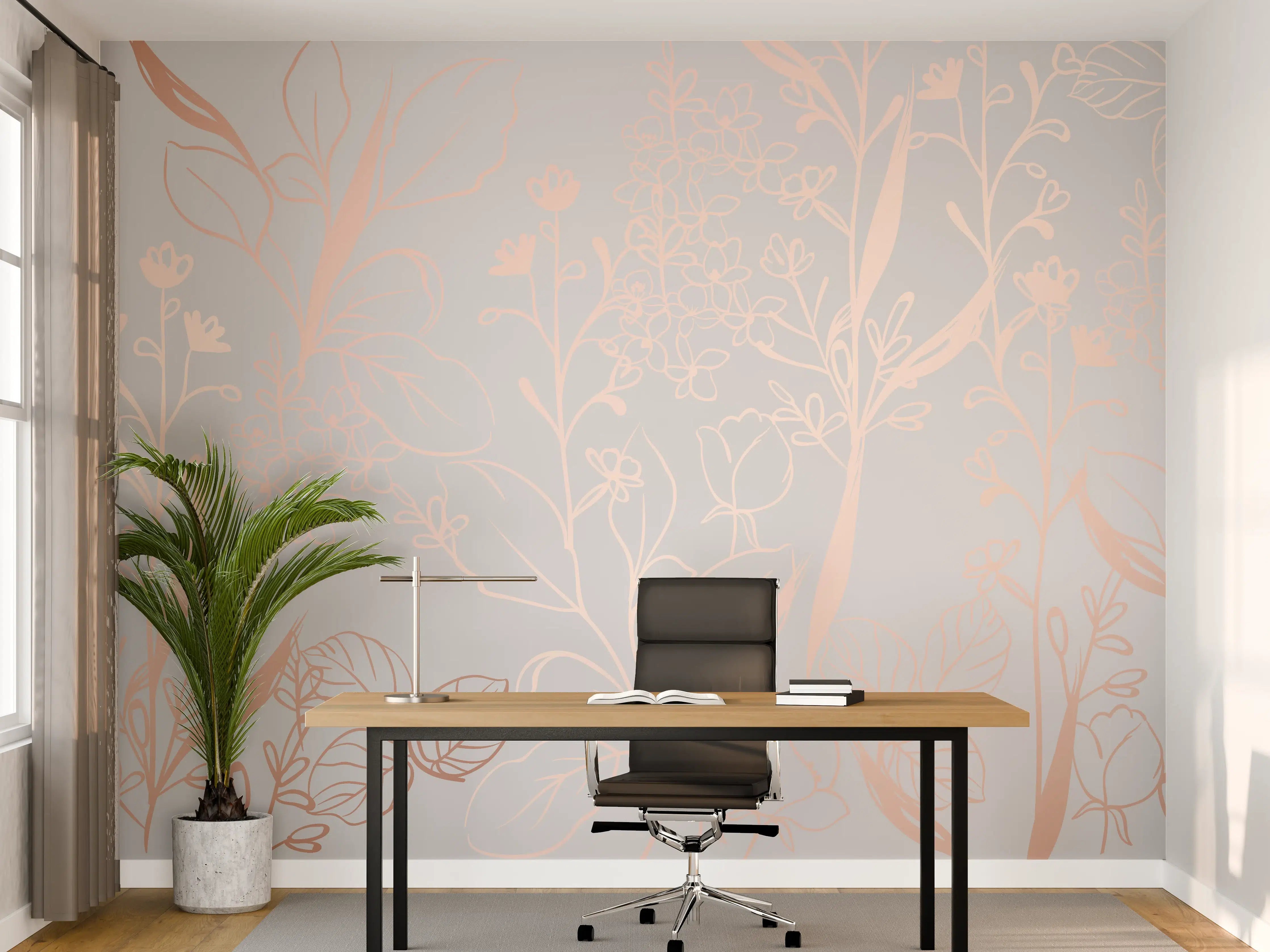 Büro Wandgestaltung - Zarte Blütenillustration Beige-Rosa