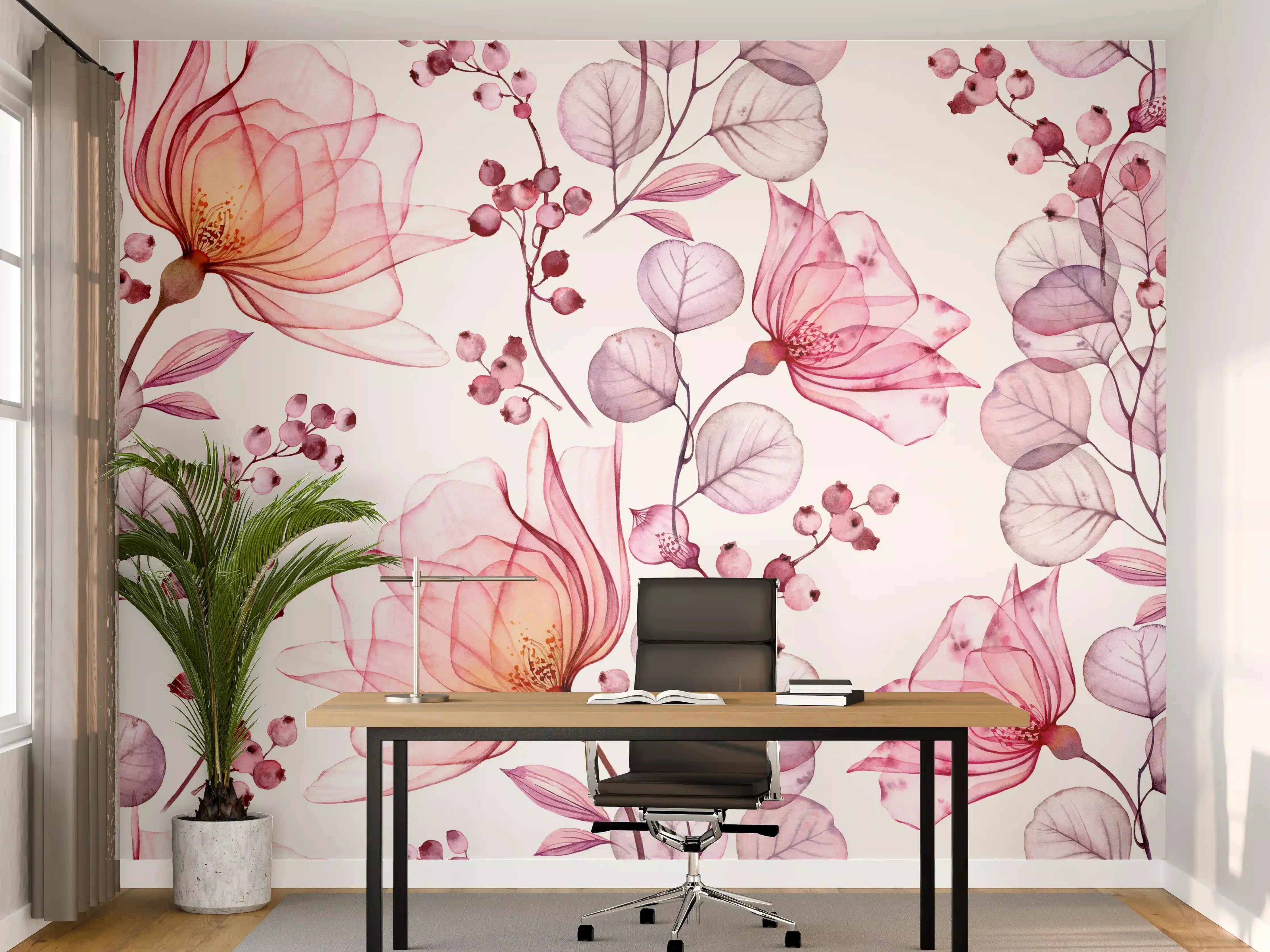 Büro Wandgestaltung - Zarte Blumen in Rosa und Lila auf Weißem Hintergrund
