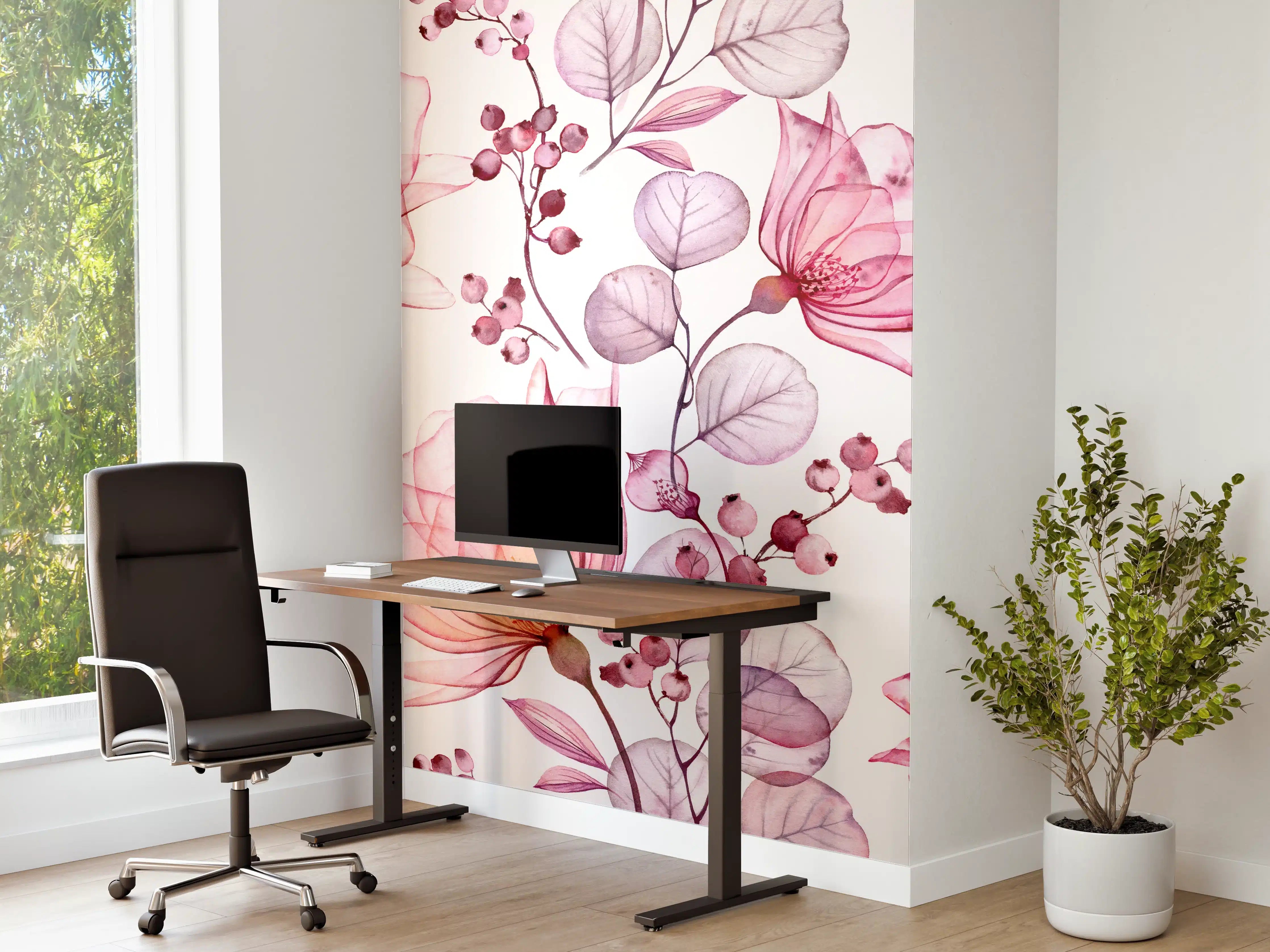 Büro Wandgestaltung - Zarte Blumen in Rosa und Lila auf Weißem Hintergrund