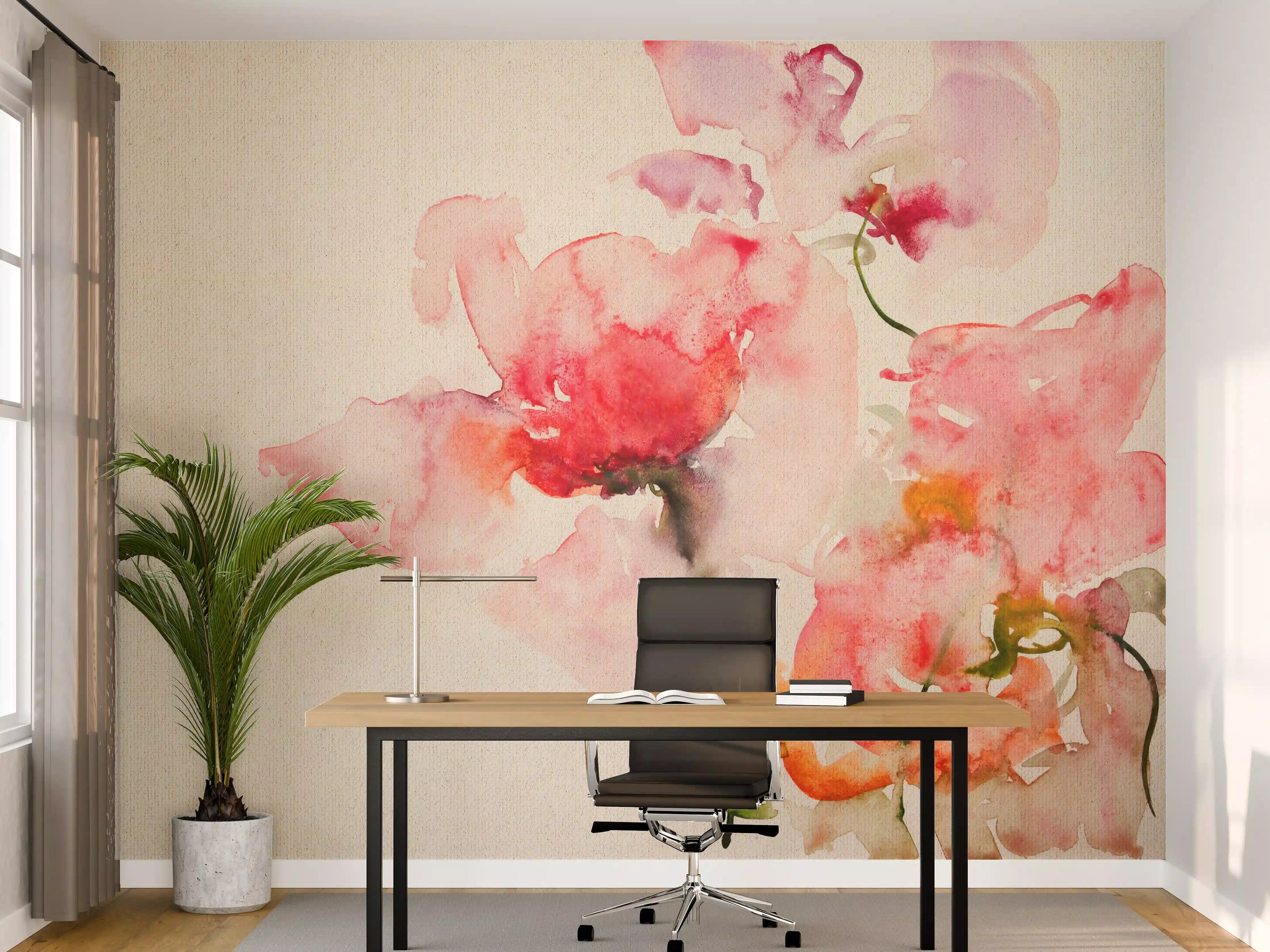 Büro Wandgestaltung - Zarte Grau-Wasserfarben-Blumen