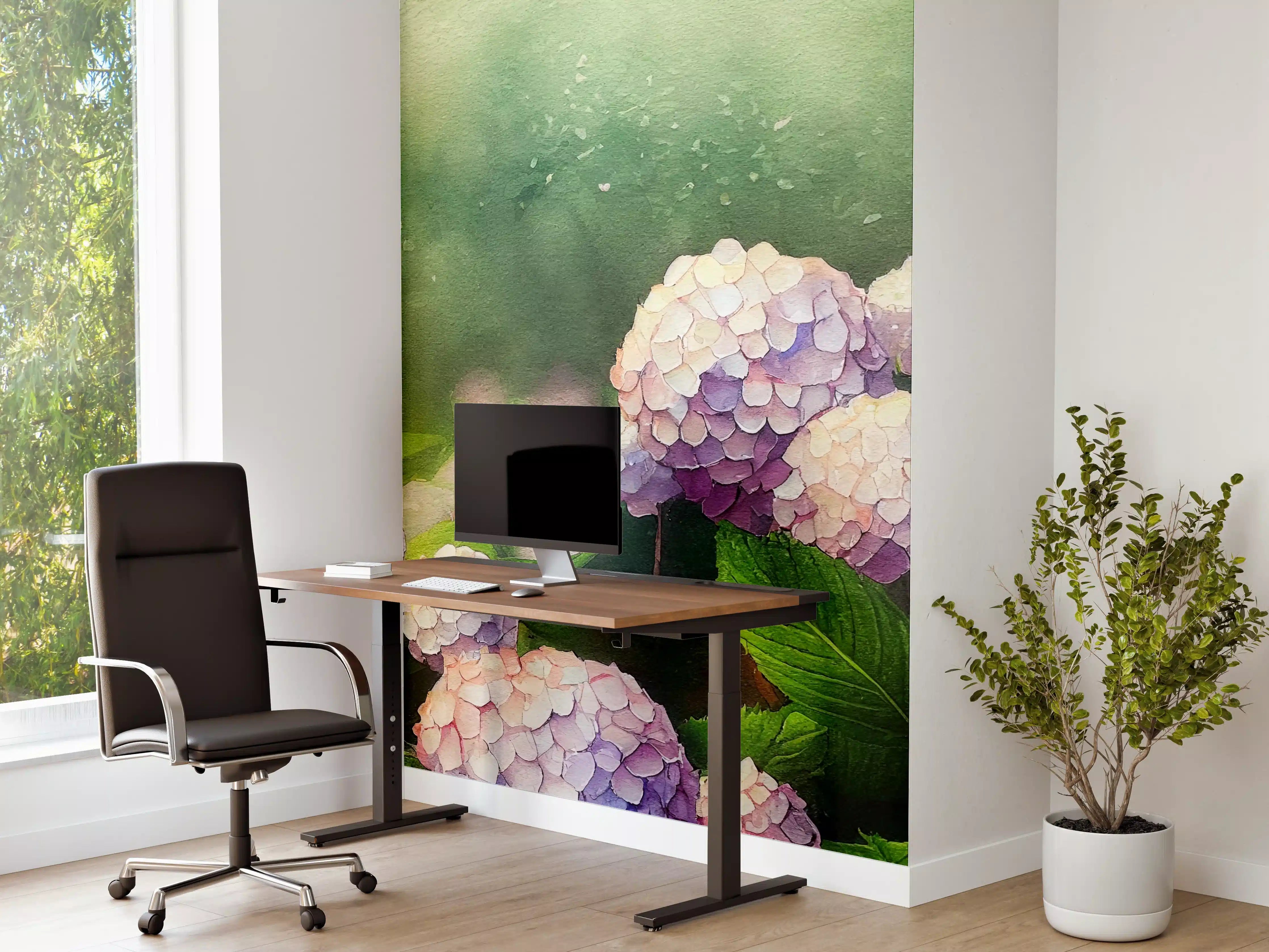 Büro Wandgestaltung - Zarte Hortensien in pastellfarbenem Aquarell effect