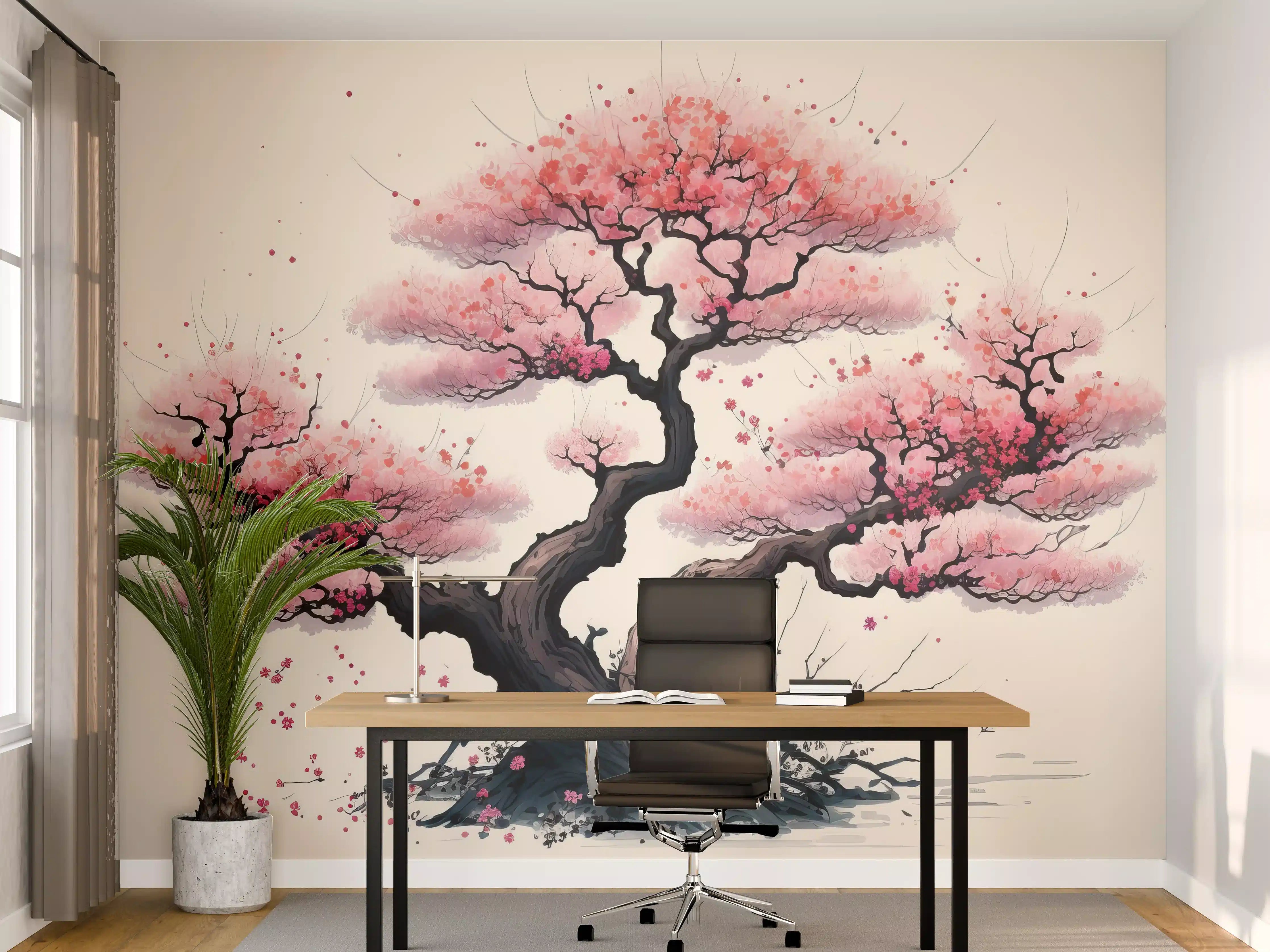 Büro Wandgestaltung - Zarte Kirschblüten in Grauweiß: Aquarellmalerei