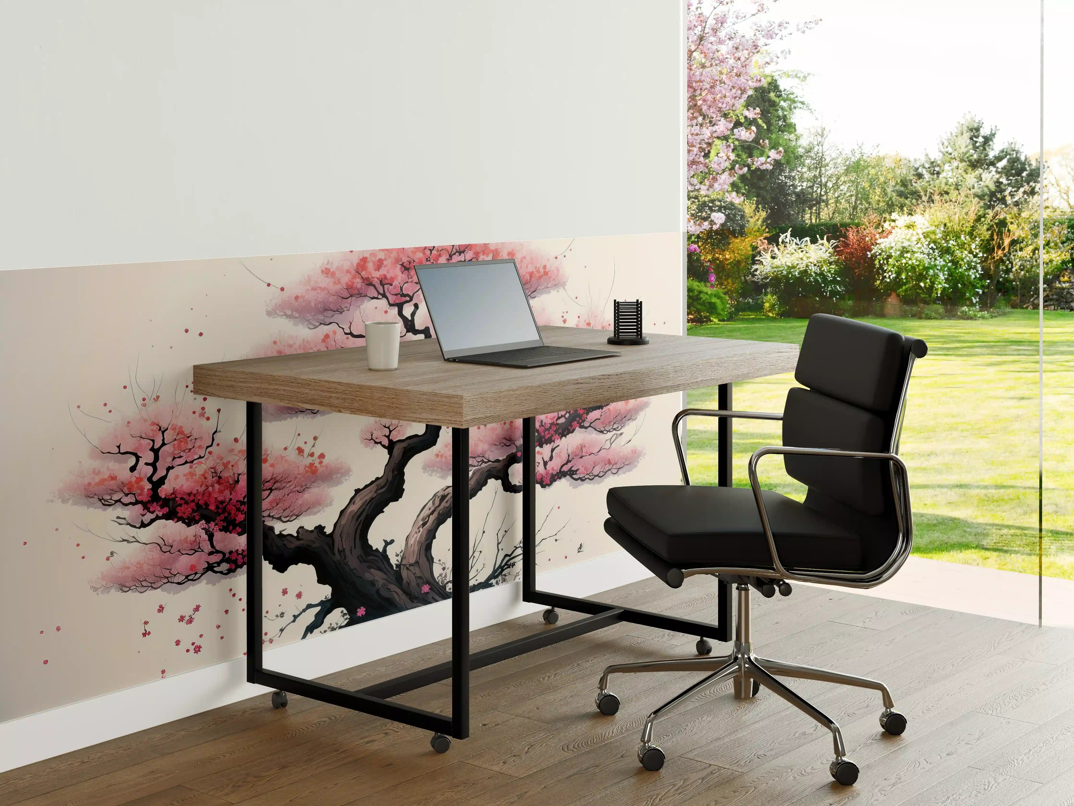 Büro Wandgestaltung - Zarte Kirschblüten in Grauweiß: Aquarellmalerei