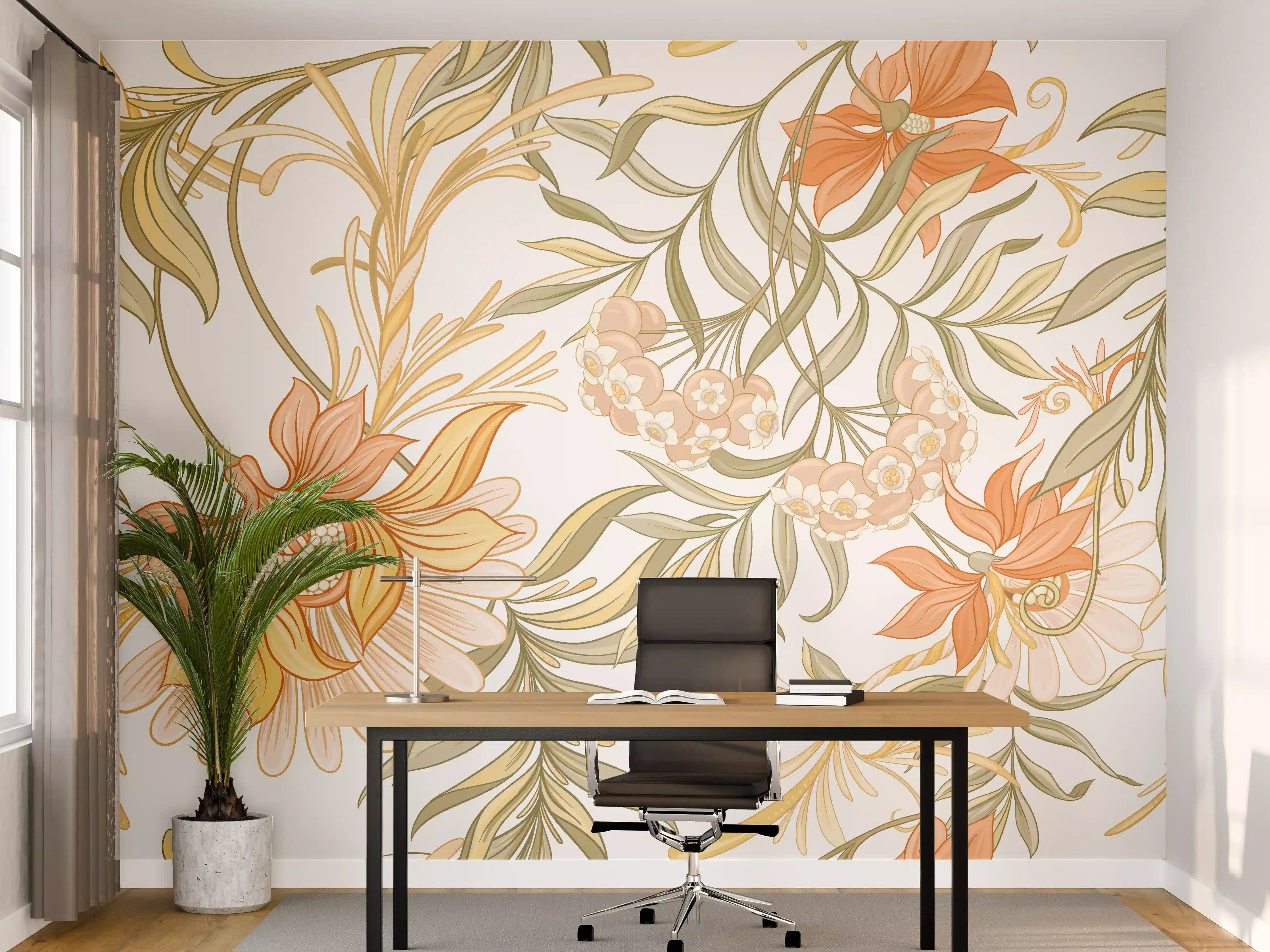 Büro Wandgestaltung - Zarte Pastellblüten mit dezenten Grautönen