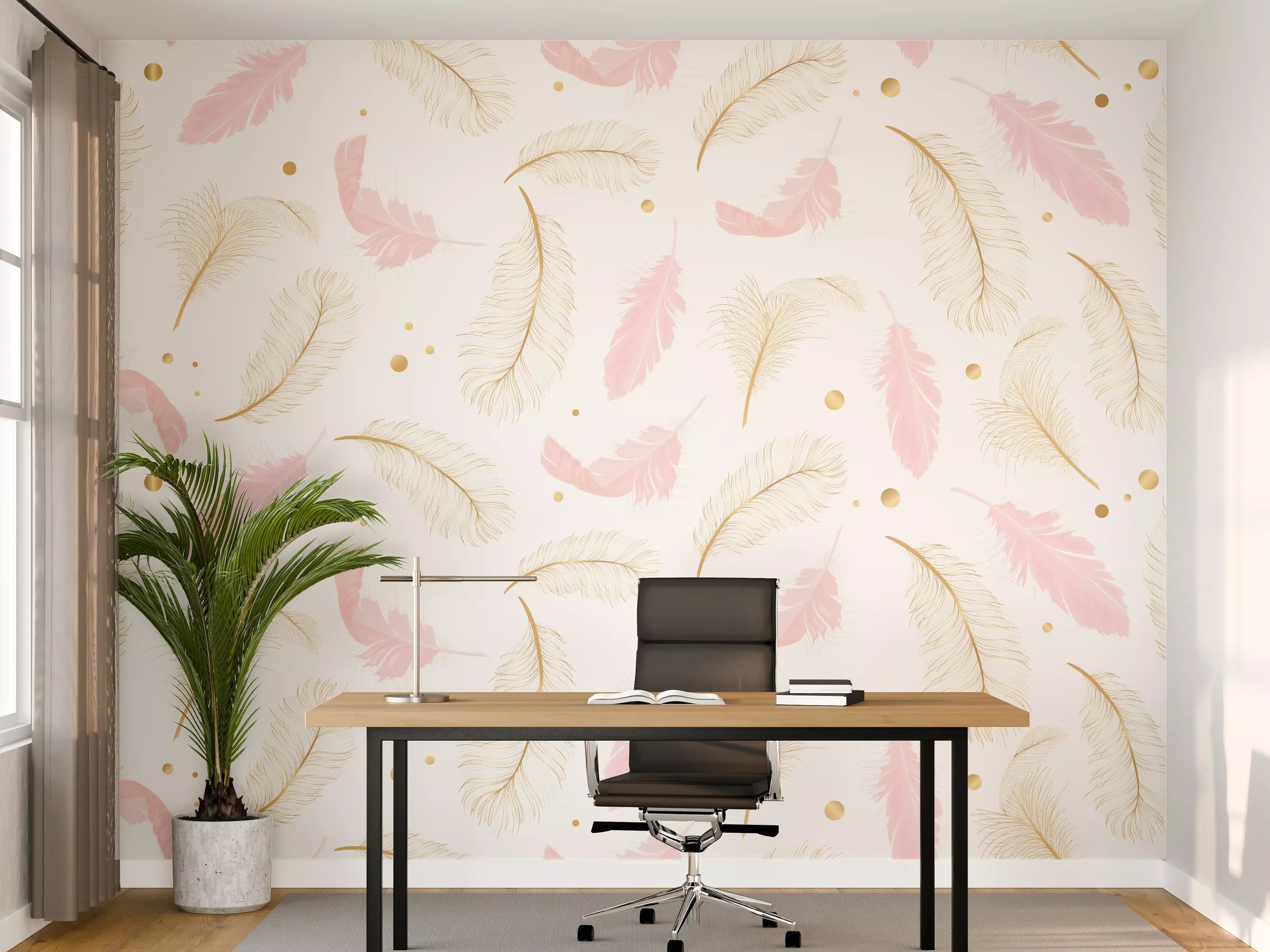 Büro Wandgestaltung - Zarte Rosa-Gold Feder-Muster