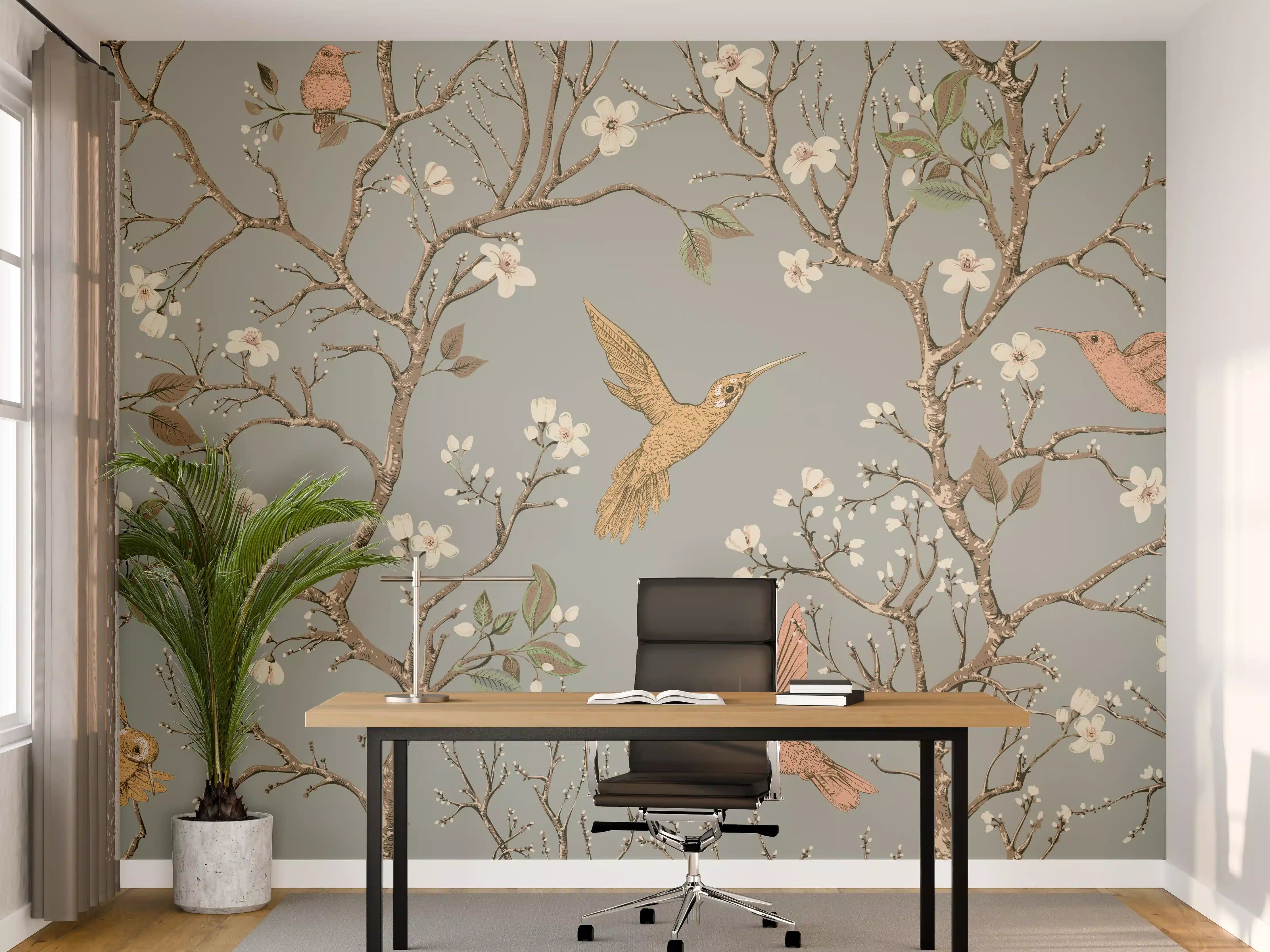 Büro Wandgestaltung - Zarte Singvögel auf blühenden Zweigen