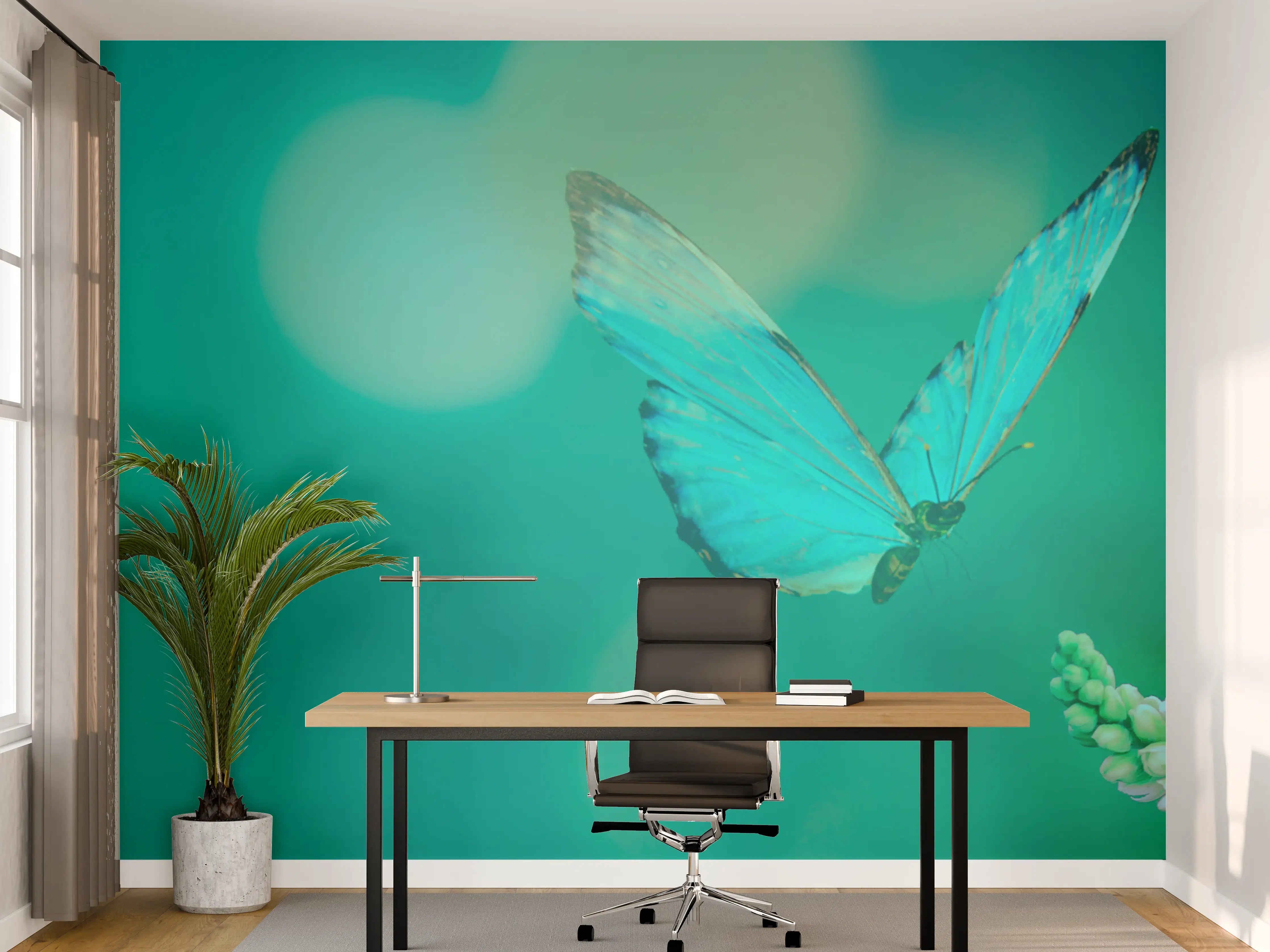 Büro Wandgestaltung - Zarter Schmetterling auf Blüte in Blau-Grüntönen