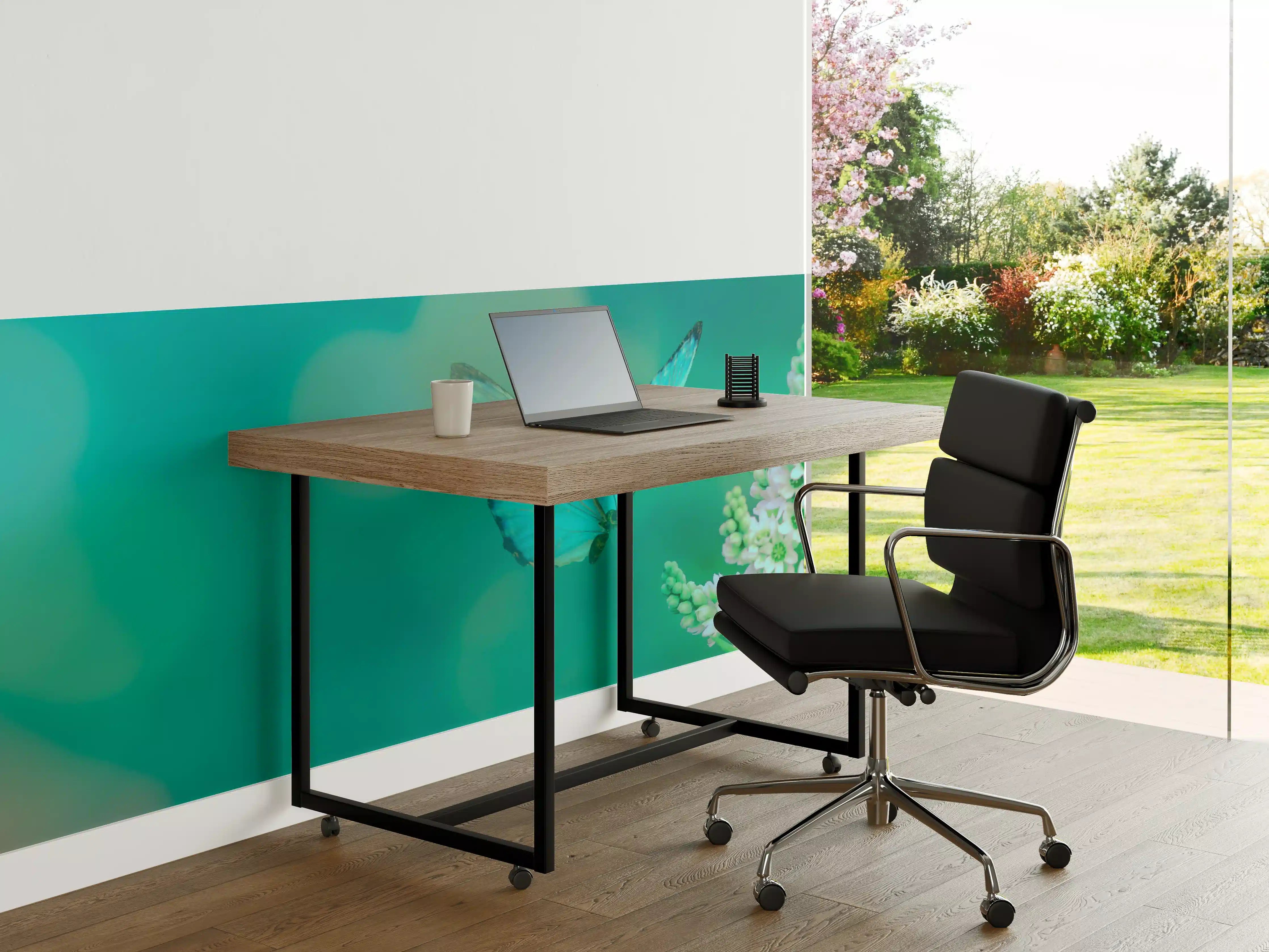 Büro Wandgestaltung - Zarter Schmetterling auf Blüte in Blau-Grüntönen
