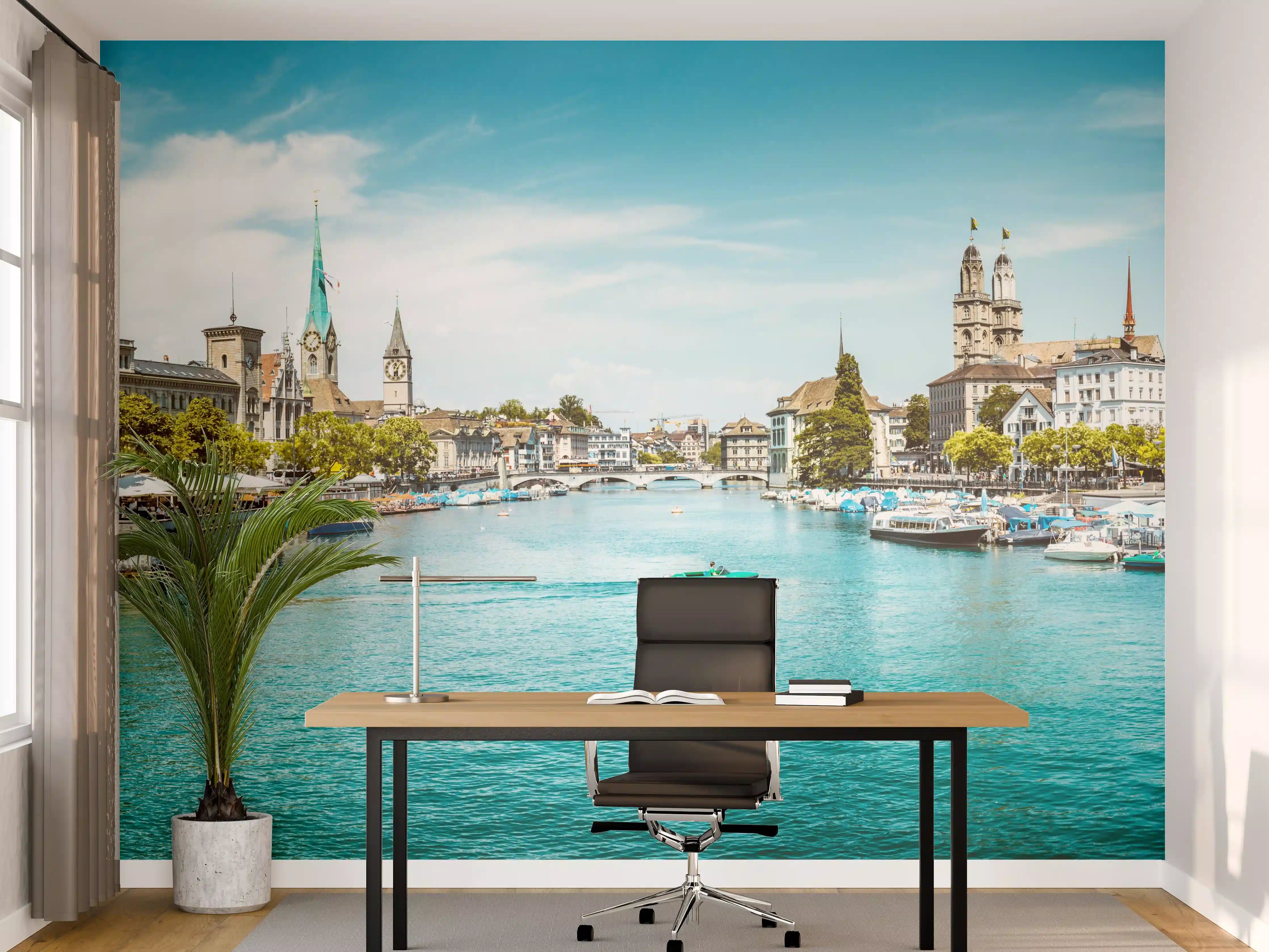 Büro Wandgestaltung - Zürich Skyline Panorama mit Fluss Limmat