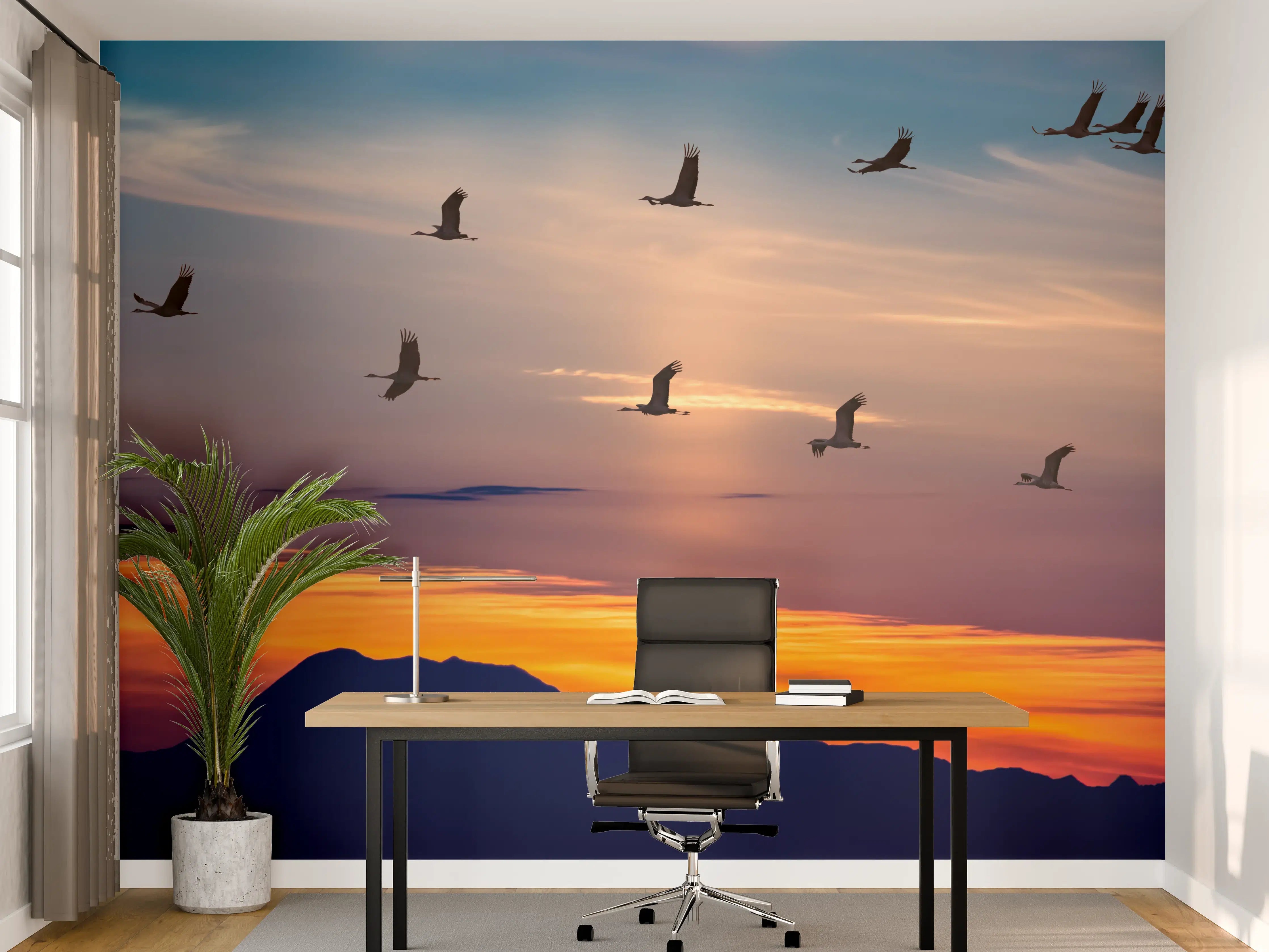Büro Wandgestaltung - Zugvögel fliegen bei Sonnenuntergang