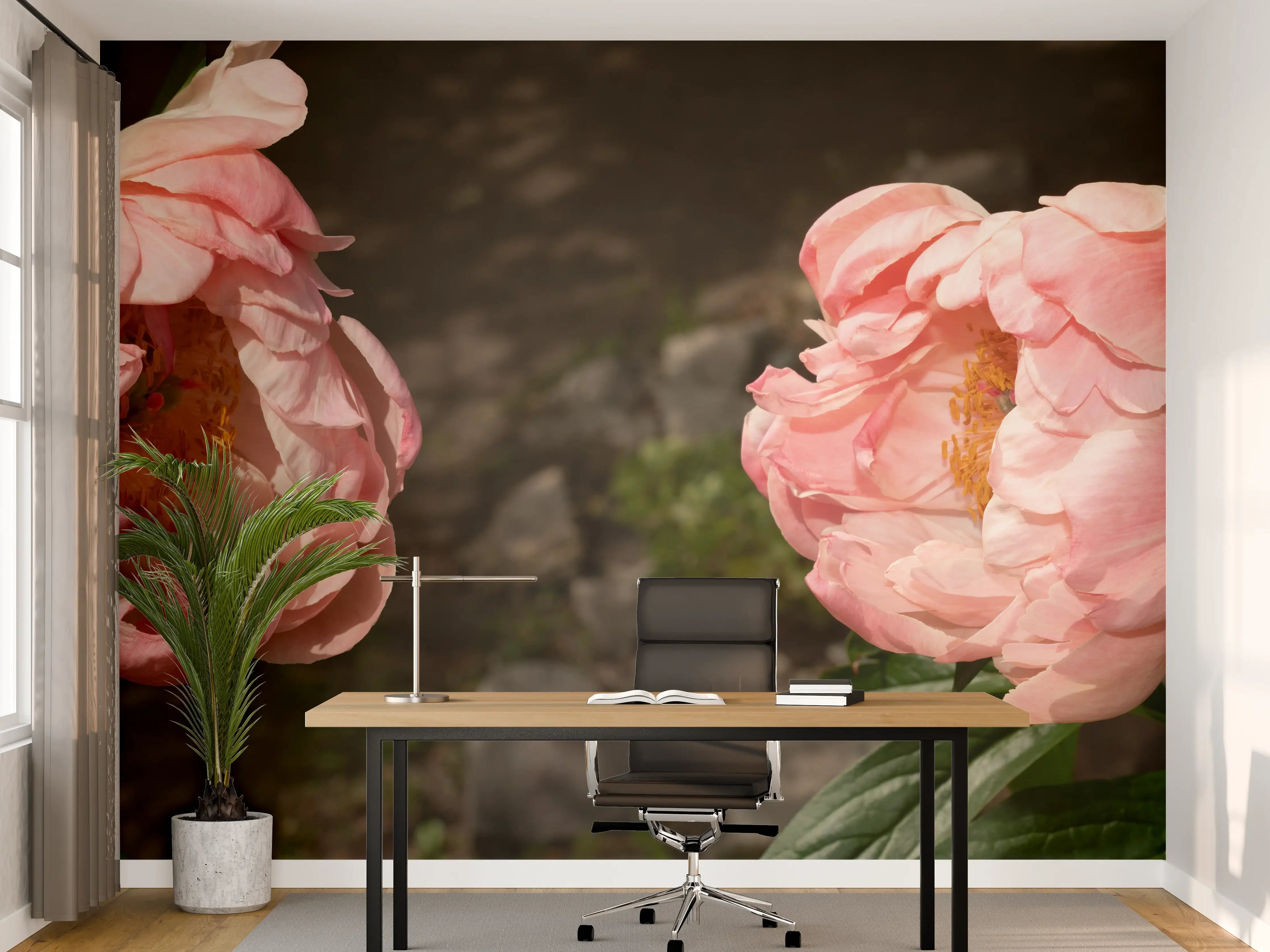 Büro Wandgestaltung - Zwei rosa Pfingstrosen in einem alten Garten.