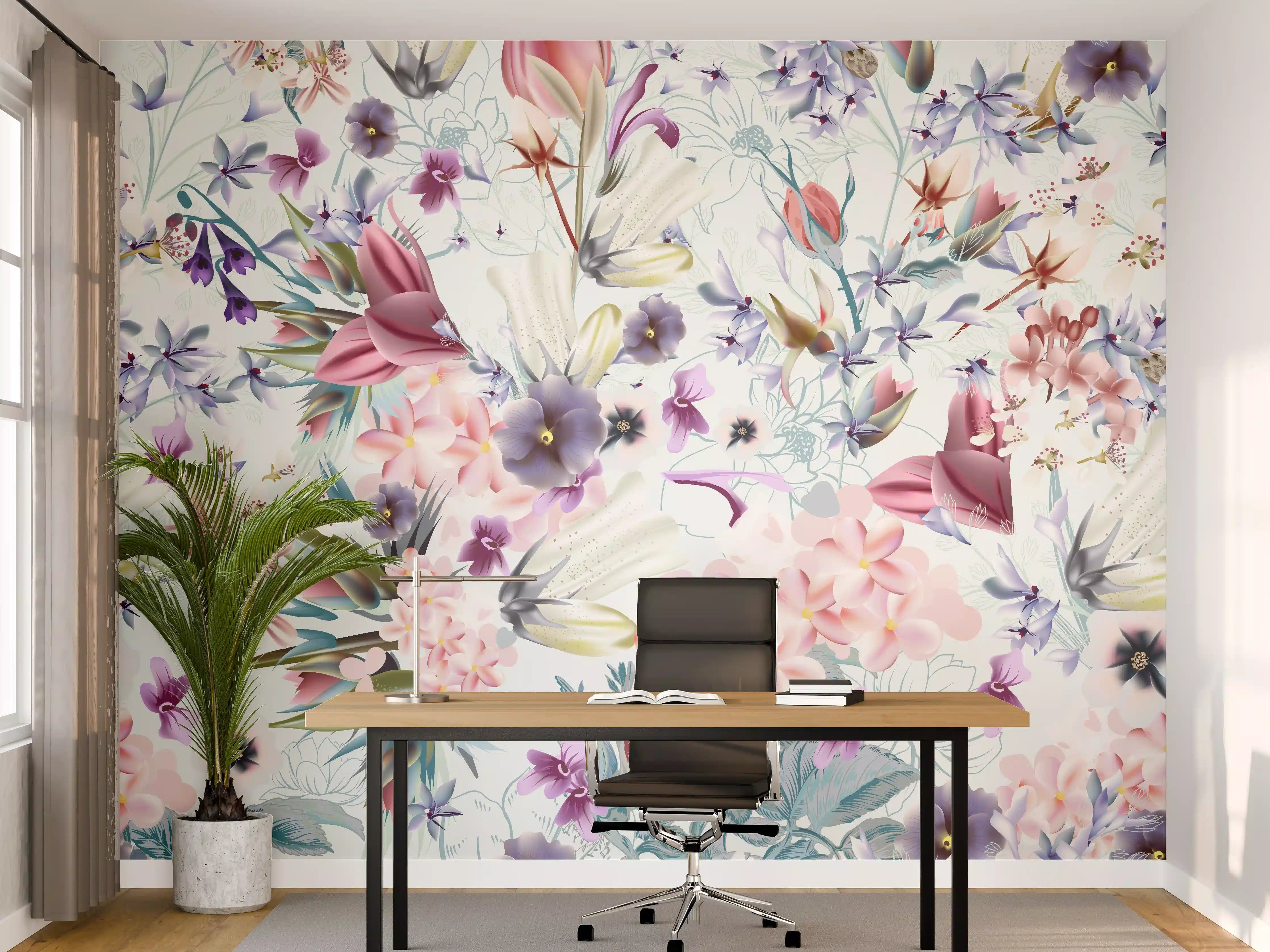 Büro Wandgestaltung - 'Helle Blumenmuster in Pastellfarben mit zarten Graunuancen'