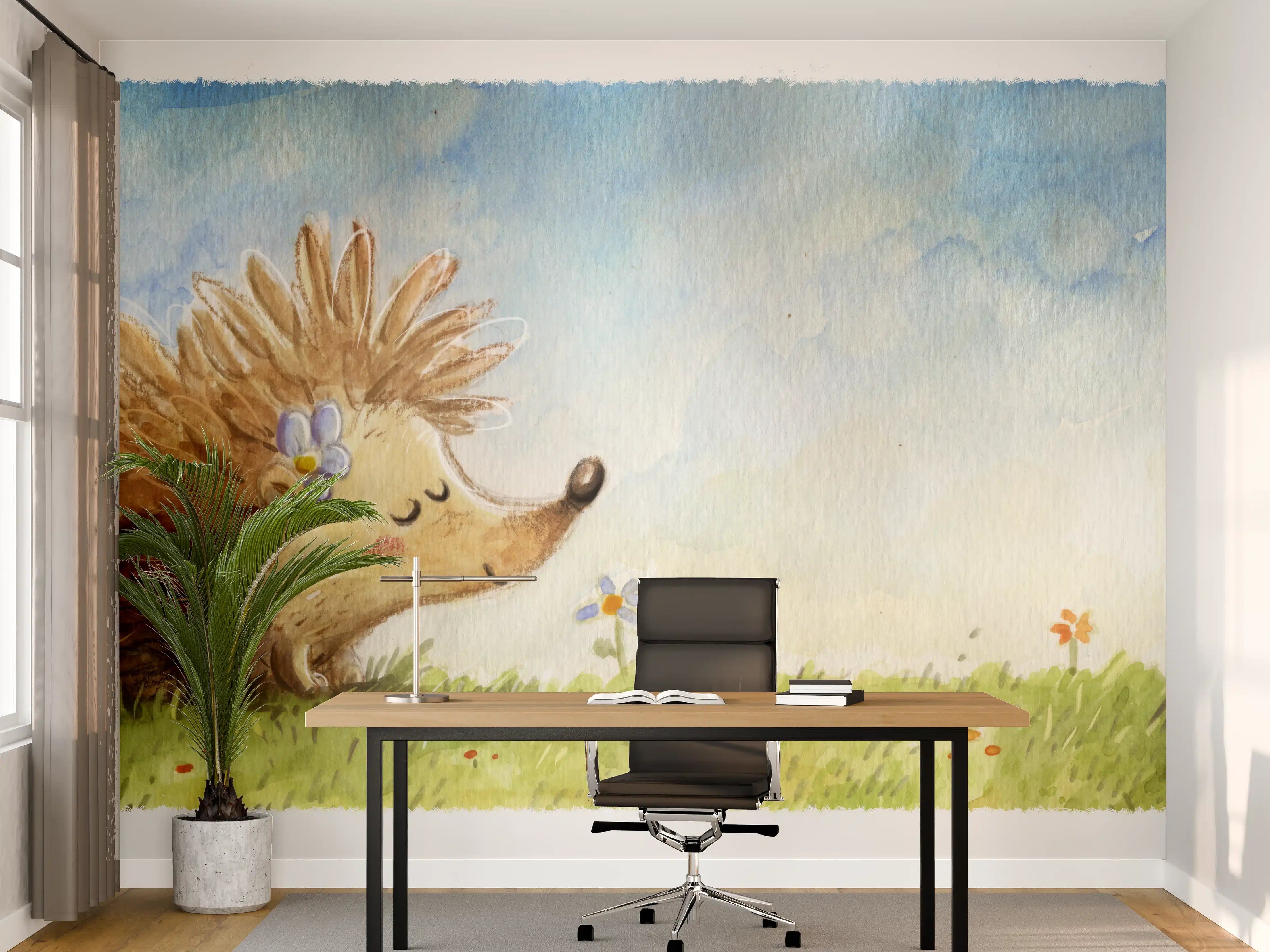 Büro Wandgestaltung - fröhlicher Igel auf einer Wiese