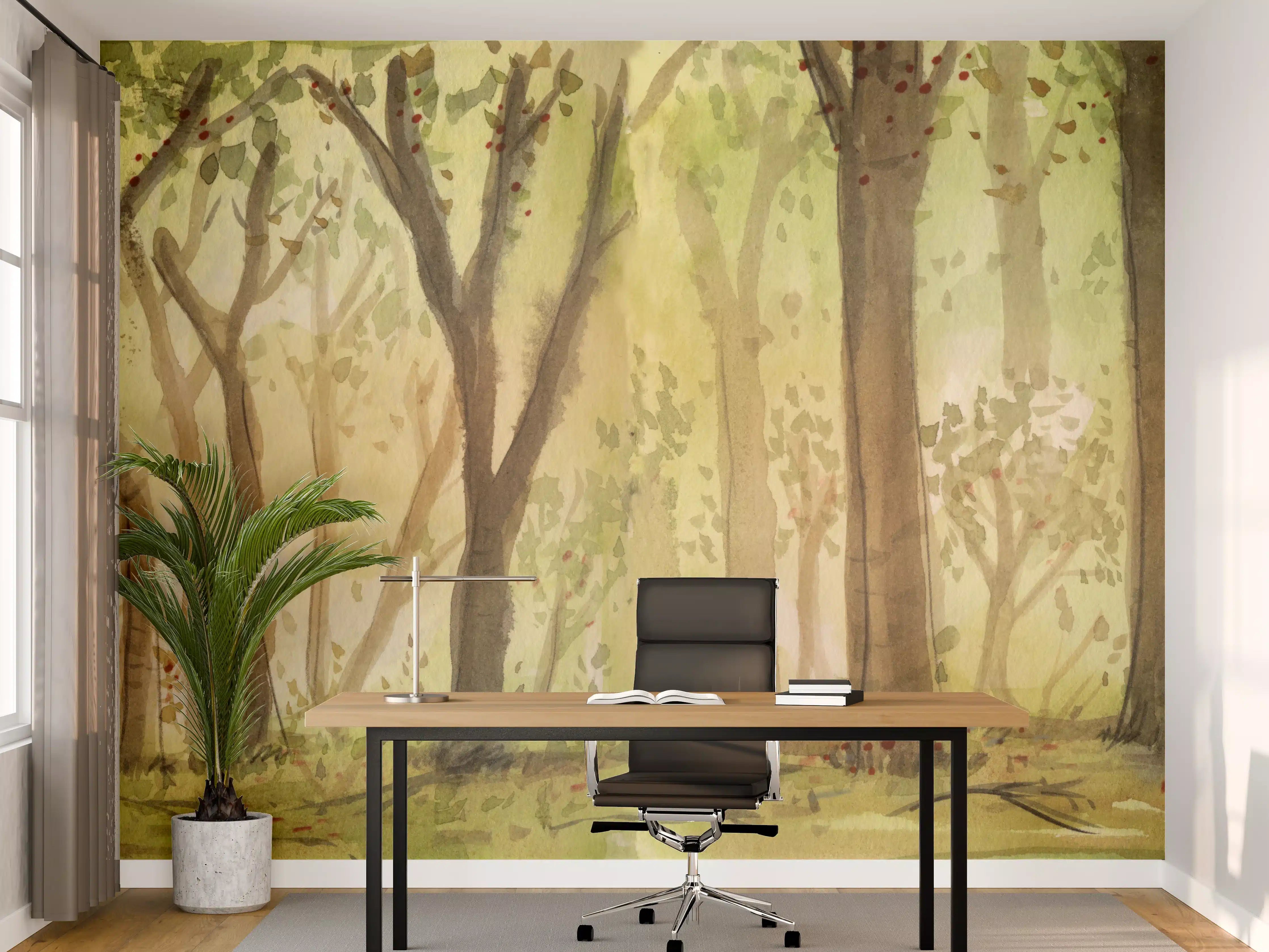 Büro Wandgestaltung - heller Aquarell Wald