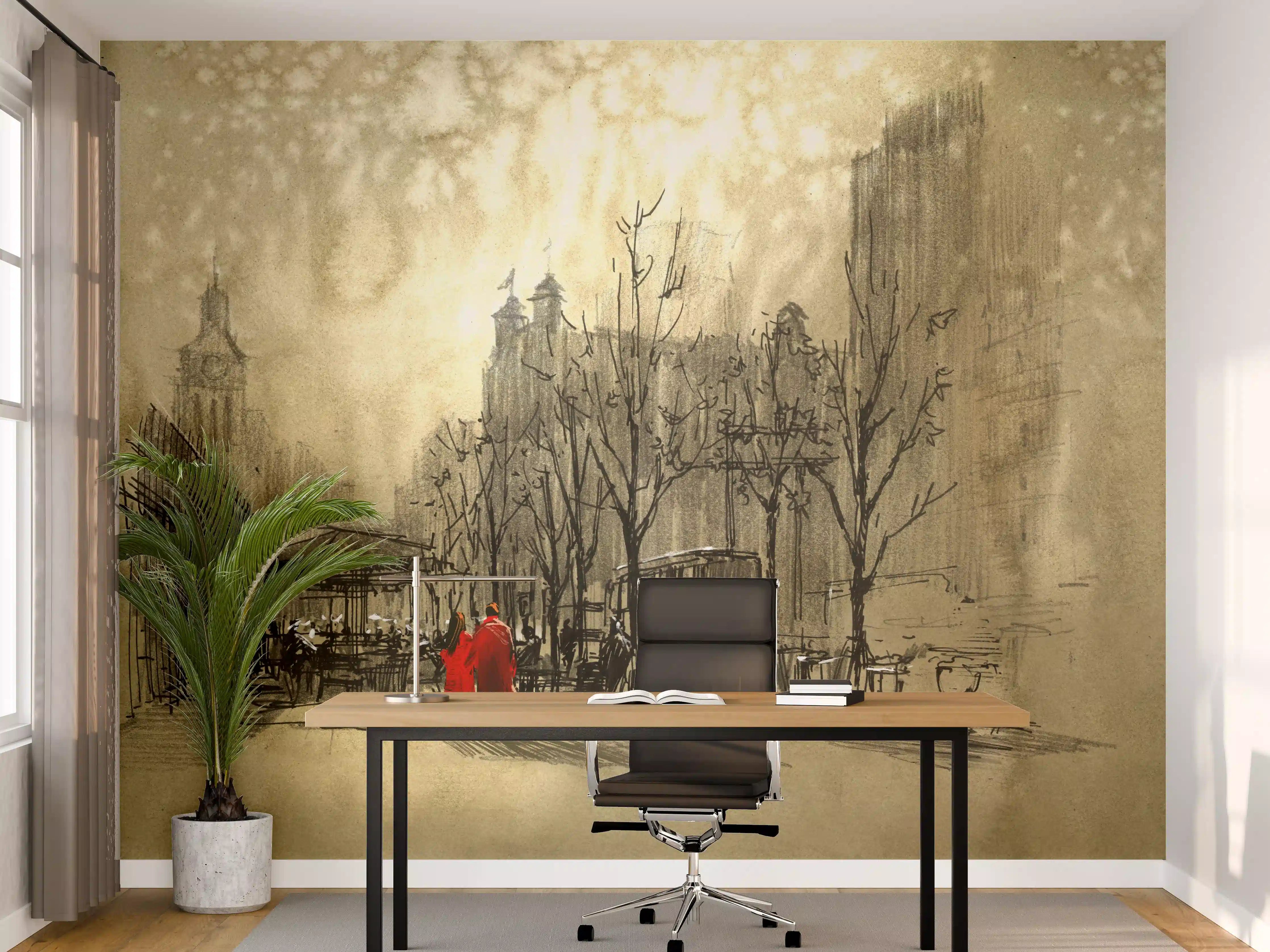 Büro Wandgestaltung - romantische Malerei eines Paar in der Stadt