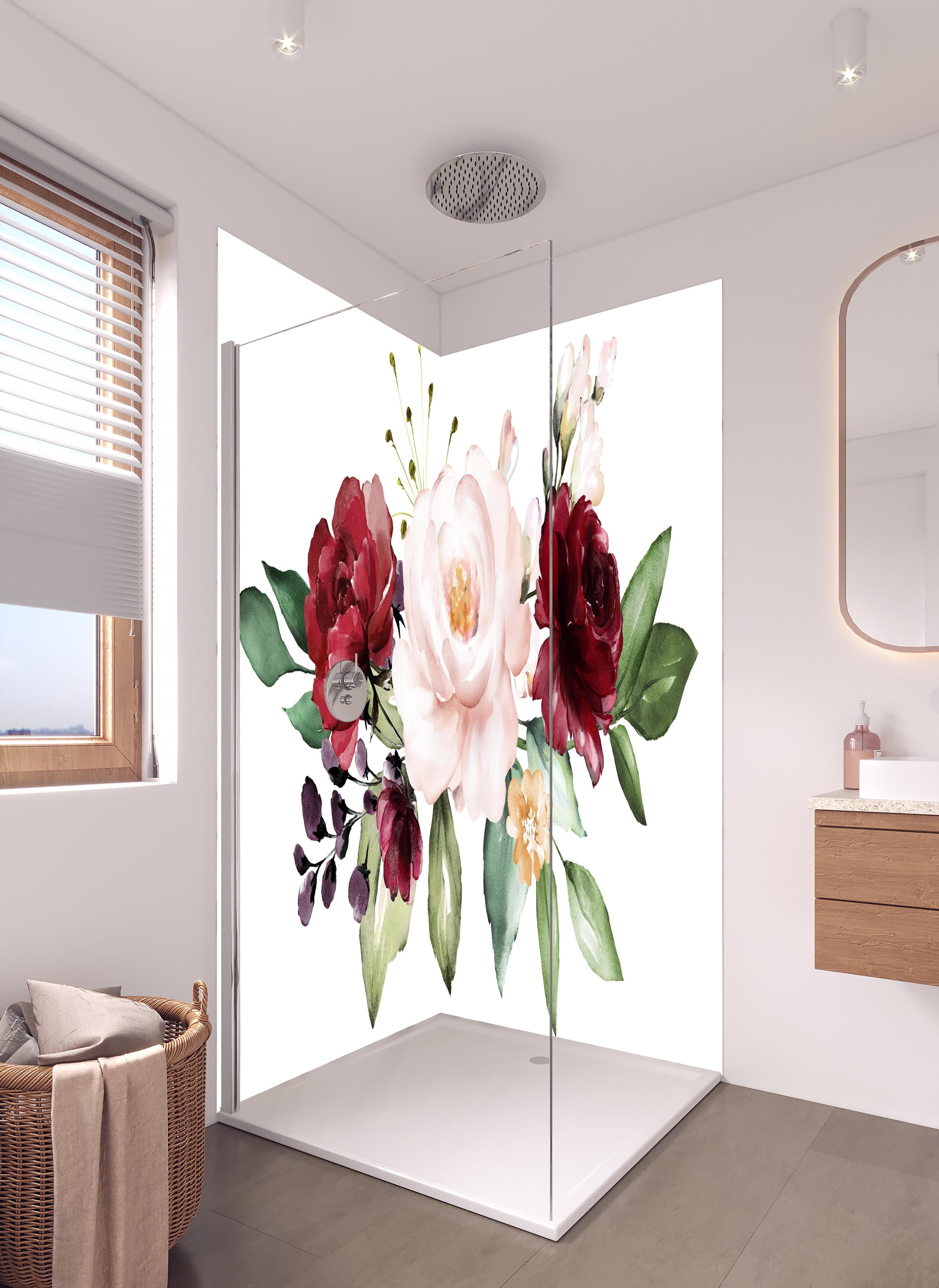 Duschrückwand - Aquarell bordeauxfarbene Blumen in hellem Badezimmer mit Regenduschkopf - zweiteilige Eck-Duschrückwand