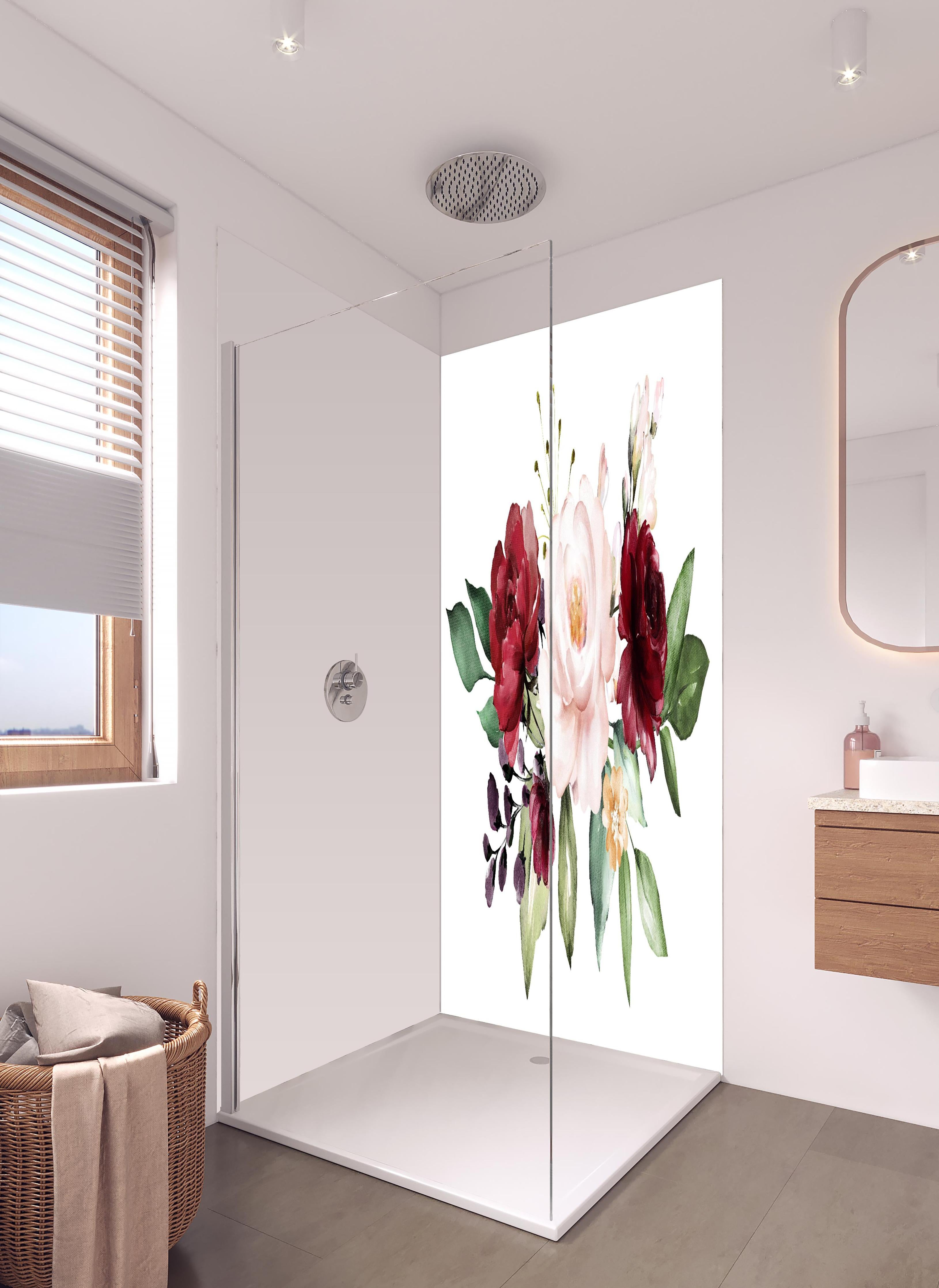 Duschrückwand - Aquarell bordeauxfarbene Blumen in hellem Badezimmer mit Regenduschkopf - zweiteilige Eck-Duschrückwand