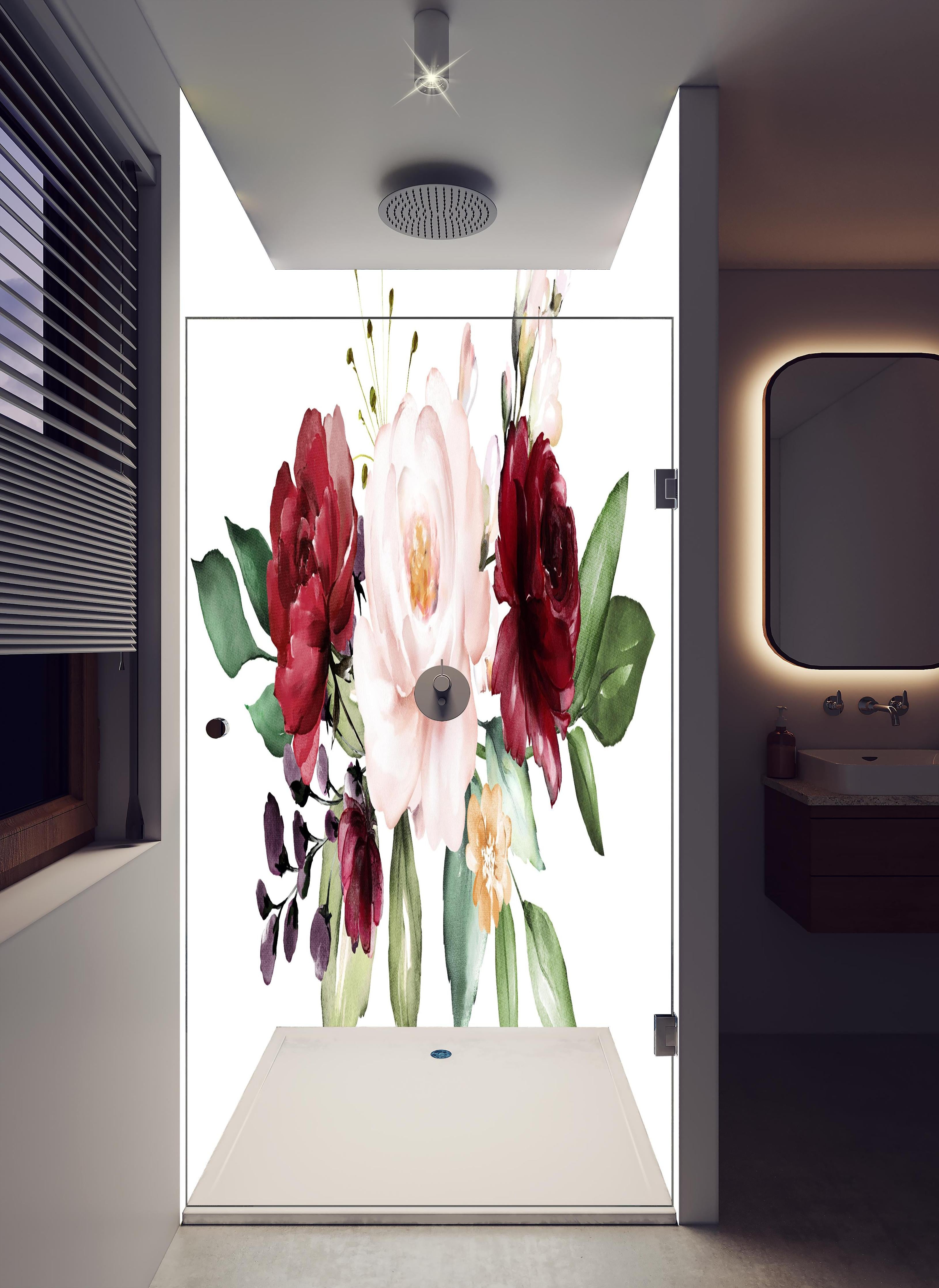 Duschrückwand - Aquarell bordeauxfarbene Blumen in hellem Badezimmer mit Regenduschkopf - zweiteilige Eck-Duschrückwand